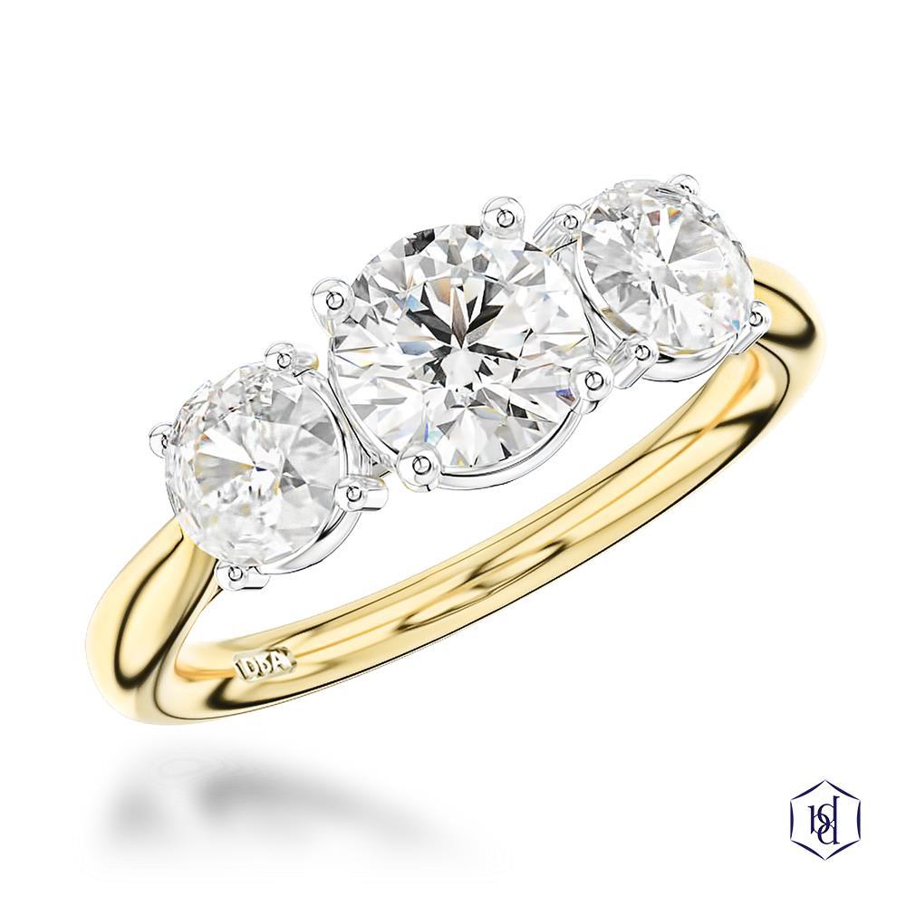 Trilogy Classic Round Brilliant Cut 18ct Yellow Gold Shank and Platinum Head Three Stone Diamond