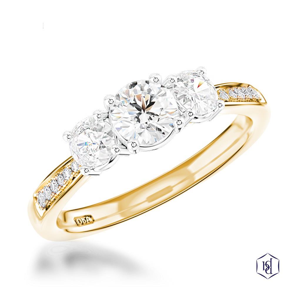 Memoire Three Stone Round Brilliant Cut 18ct Yellow Gold Shank and Platinum Head Three Stone Diamond