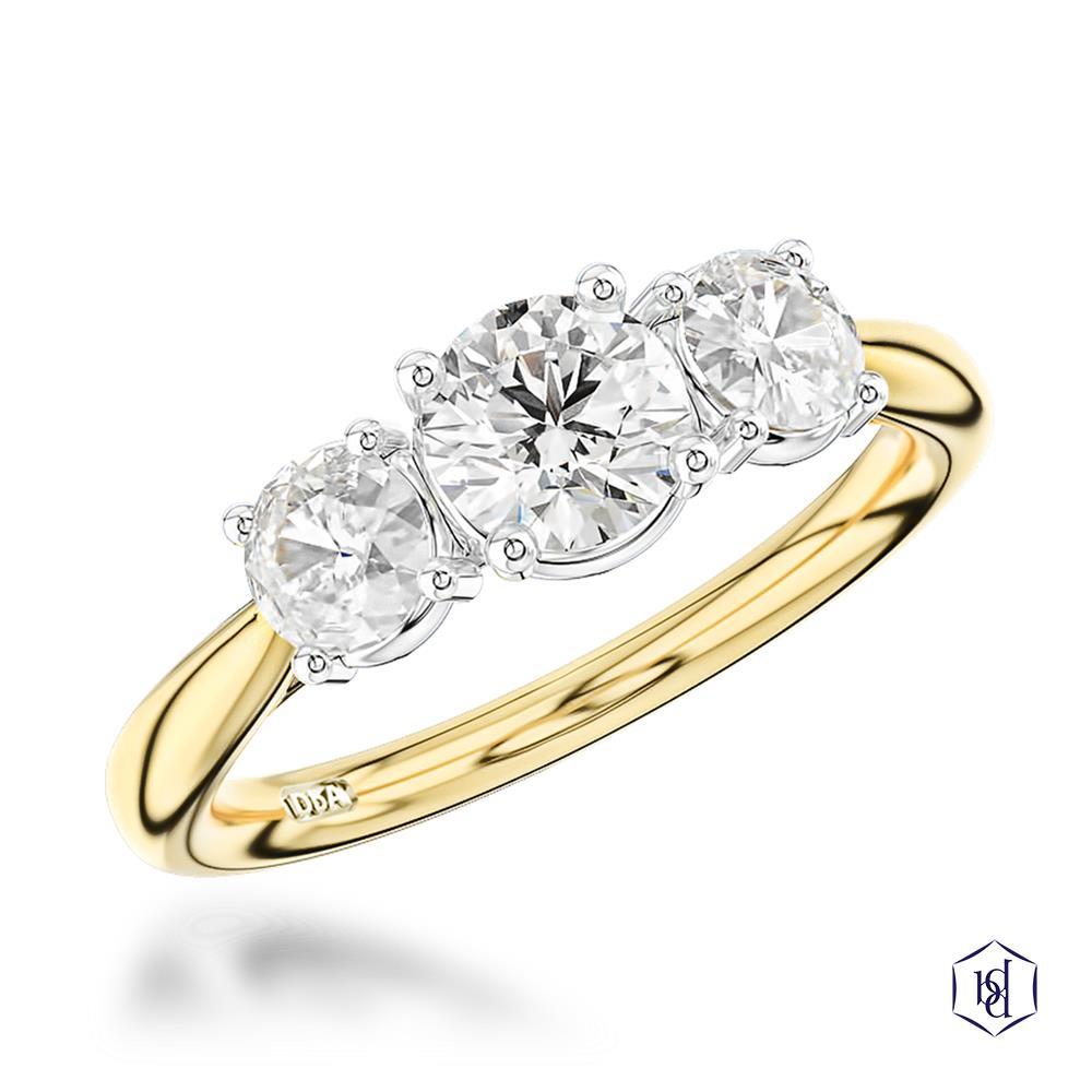 Trilogy Classic Round Brilliant Cut 18ct Yellow Gold Shank and Platinum Head Three Stone Diamond