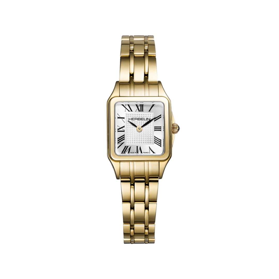 Mini Luna Square Quartz Watch. Two Tone Stainless Steel and Gold Plate Bracelet