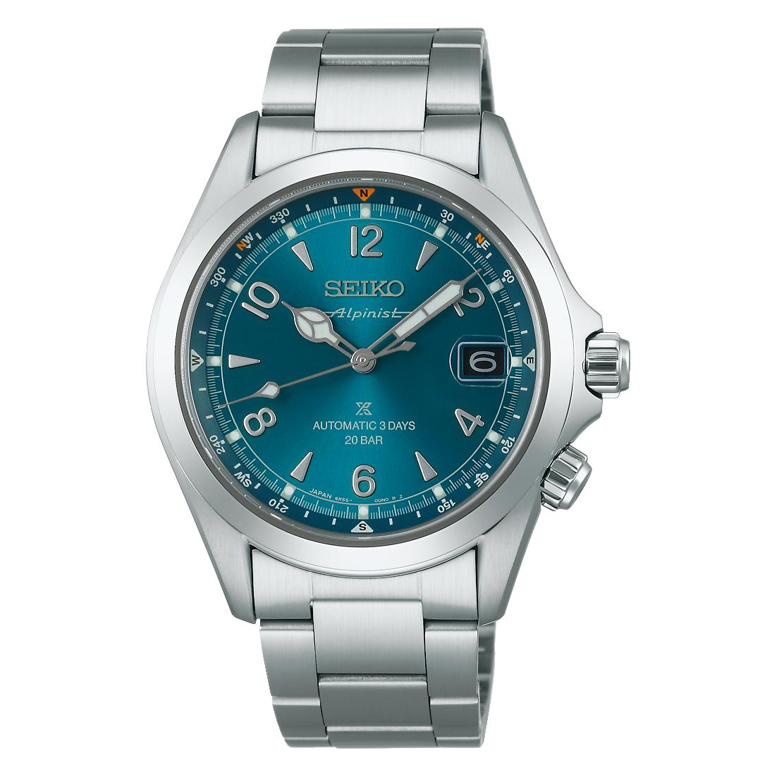 Seiko Prospex Alpinist stainless steel case Teal dial date internal compass bezel bracelet automatic