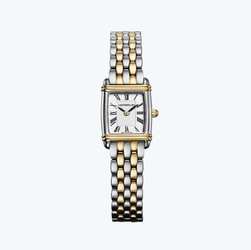 Herbelin Art Deco Mini Tonneau Dame Quartz Watch. White Dial Two Tone Bracelet.