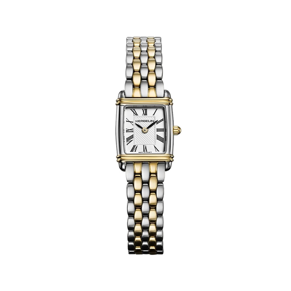 Art Deco Mini Tonneau Dame Quartz Watch. White Dial Two Tone Bracelet.