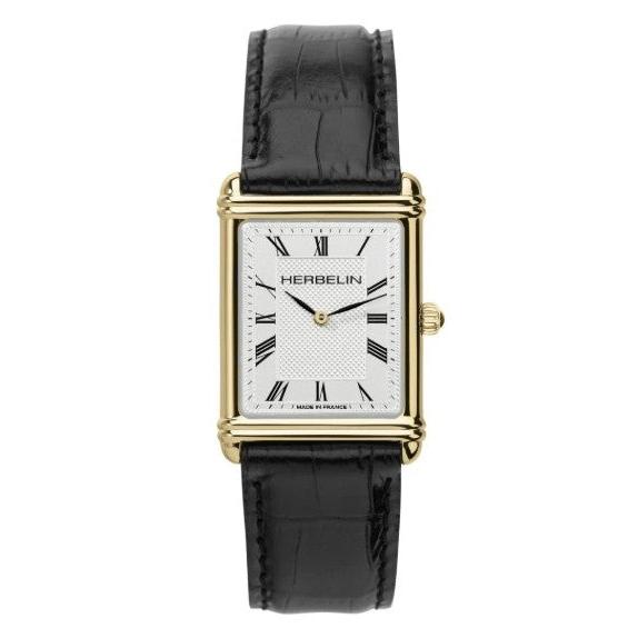 Herbelin Art Deco Dame Quartz Watch. White Dial, Gold PVD Case, Black Leather Strap.
