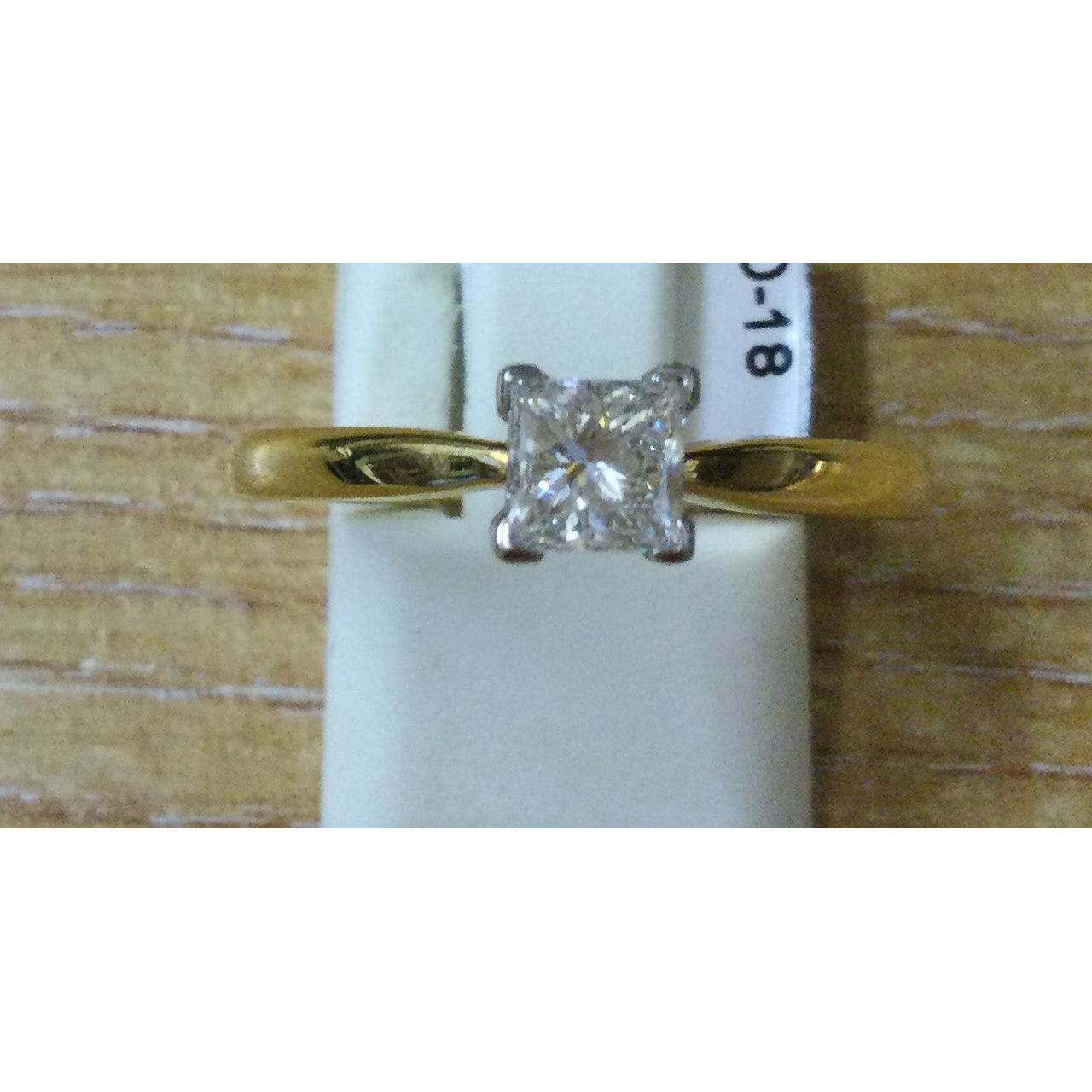 18ct Gold yellow gold claw set princess cut solitaire Diamond ring