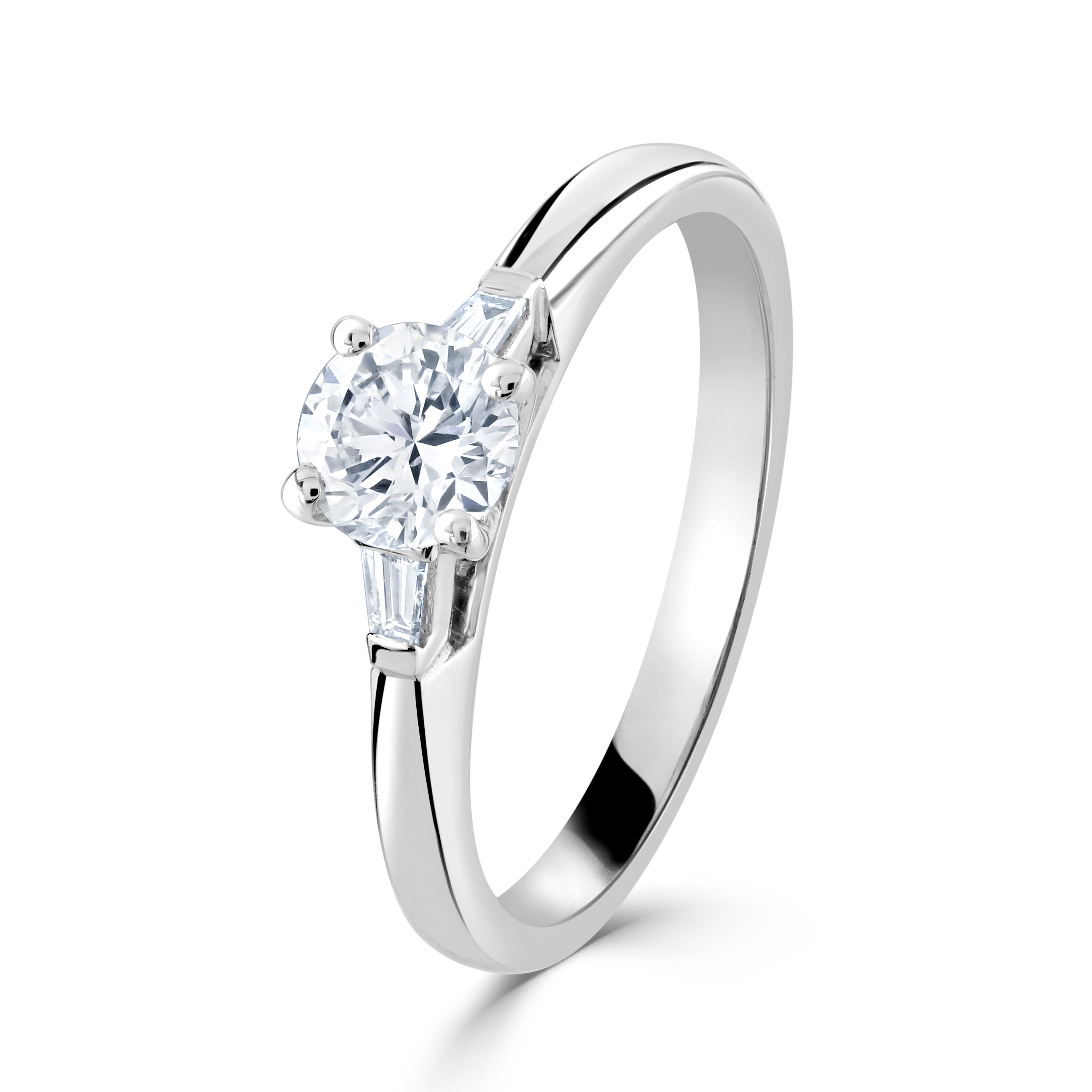 Platinum 4-claw set round brilliant cut Diamond solitaire ring with two tapered Diamonds