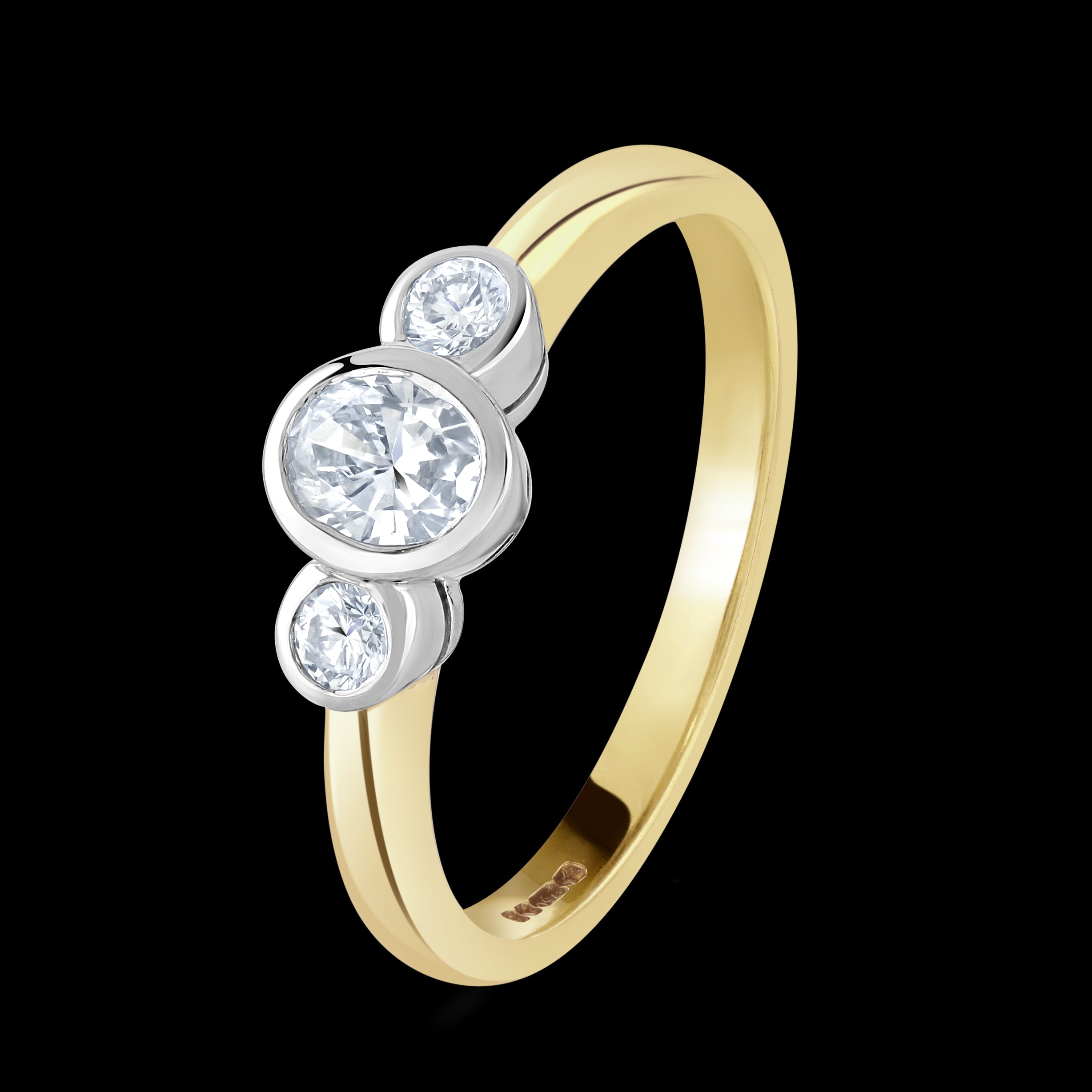 18ct Gold yellow and white gold rubover set oval cut Diamond and round brilliant cut Diamond 3 stone