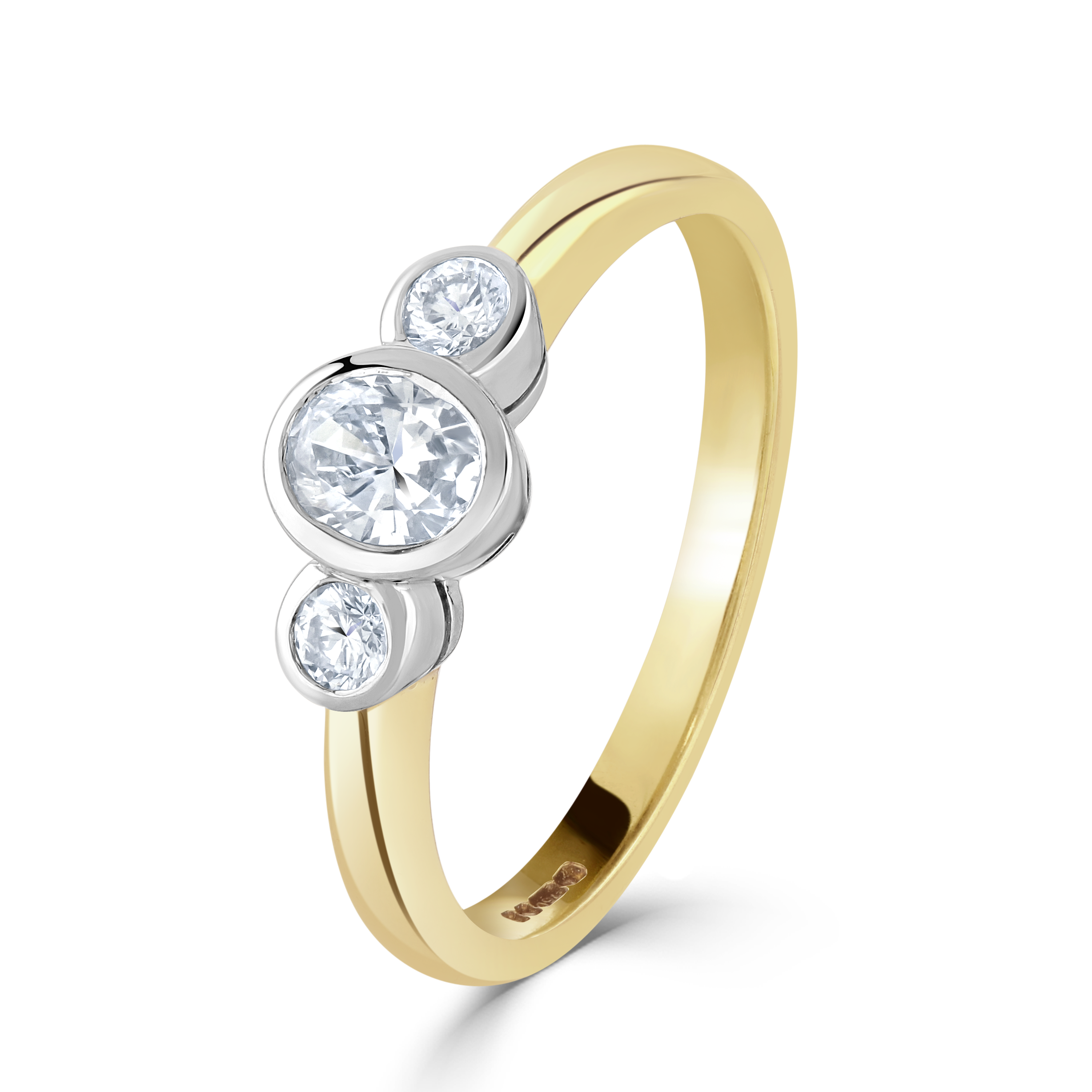 18ct Gold yellow and white gold rubover set oval cut Diamond and round brilliant cut Diamond 3 stone