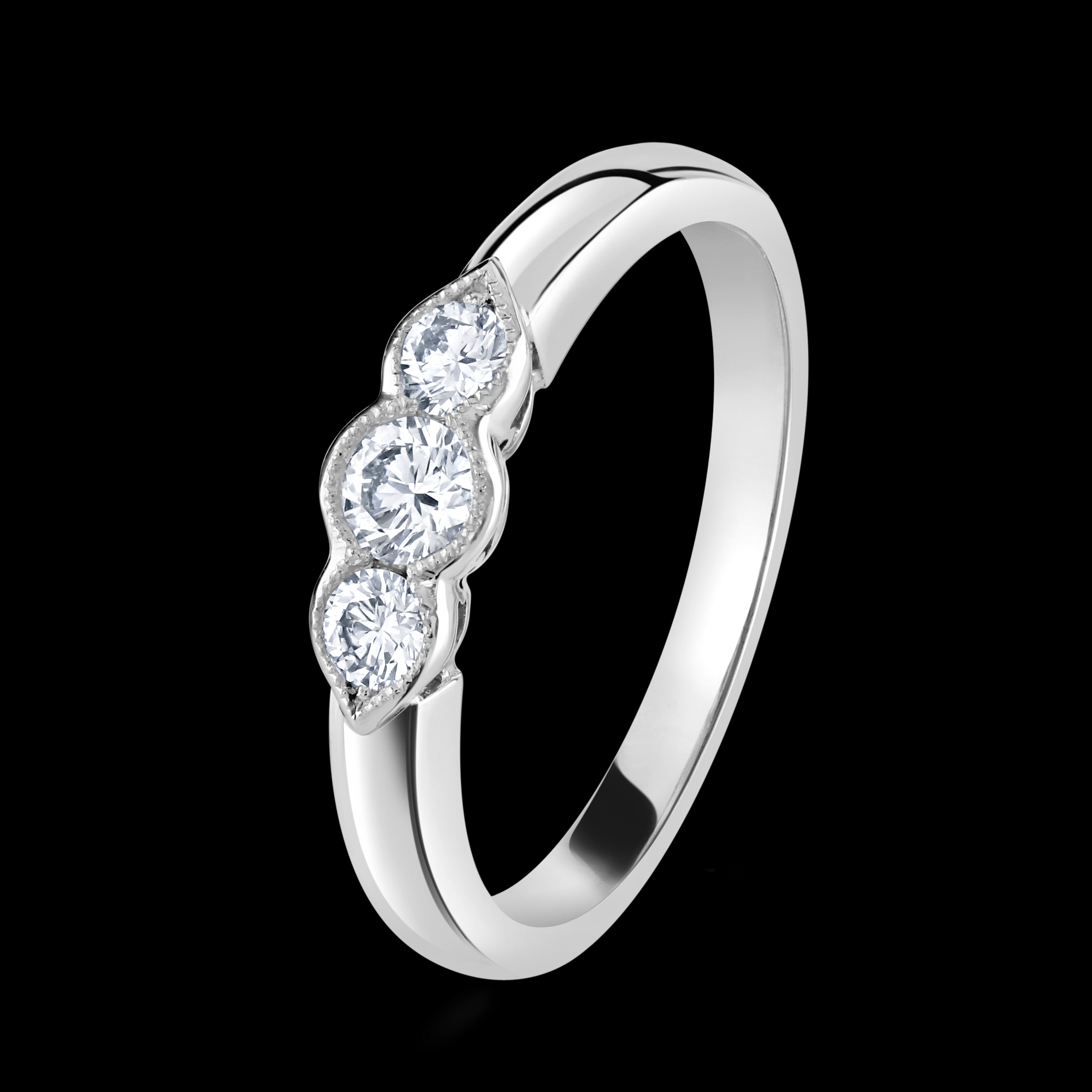 Platinum Millegrain Set Round Brilliant Cut Diamond Trilogy Ring