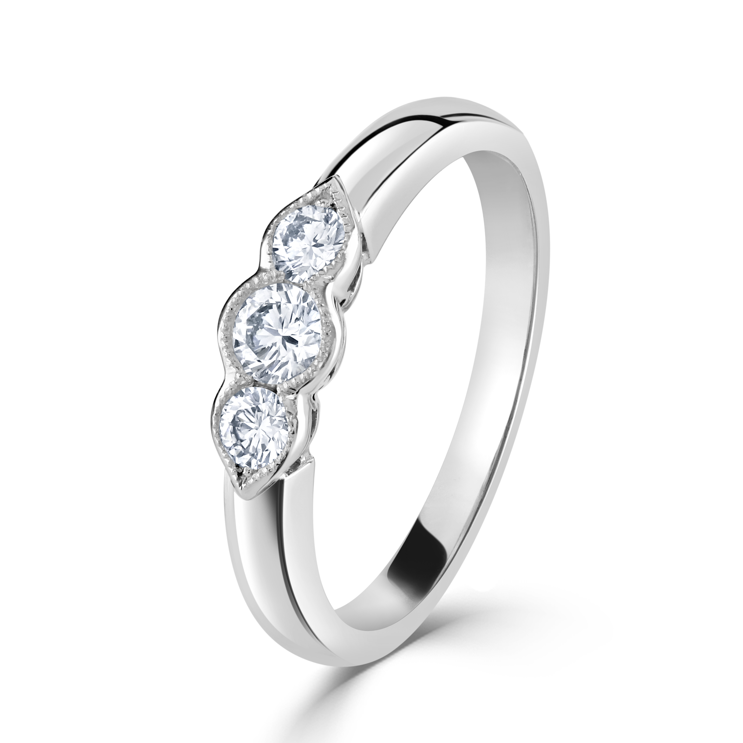 Platinum Millegrain Set Round Brilliant Cut Diamond Trilogy Ring