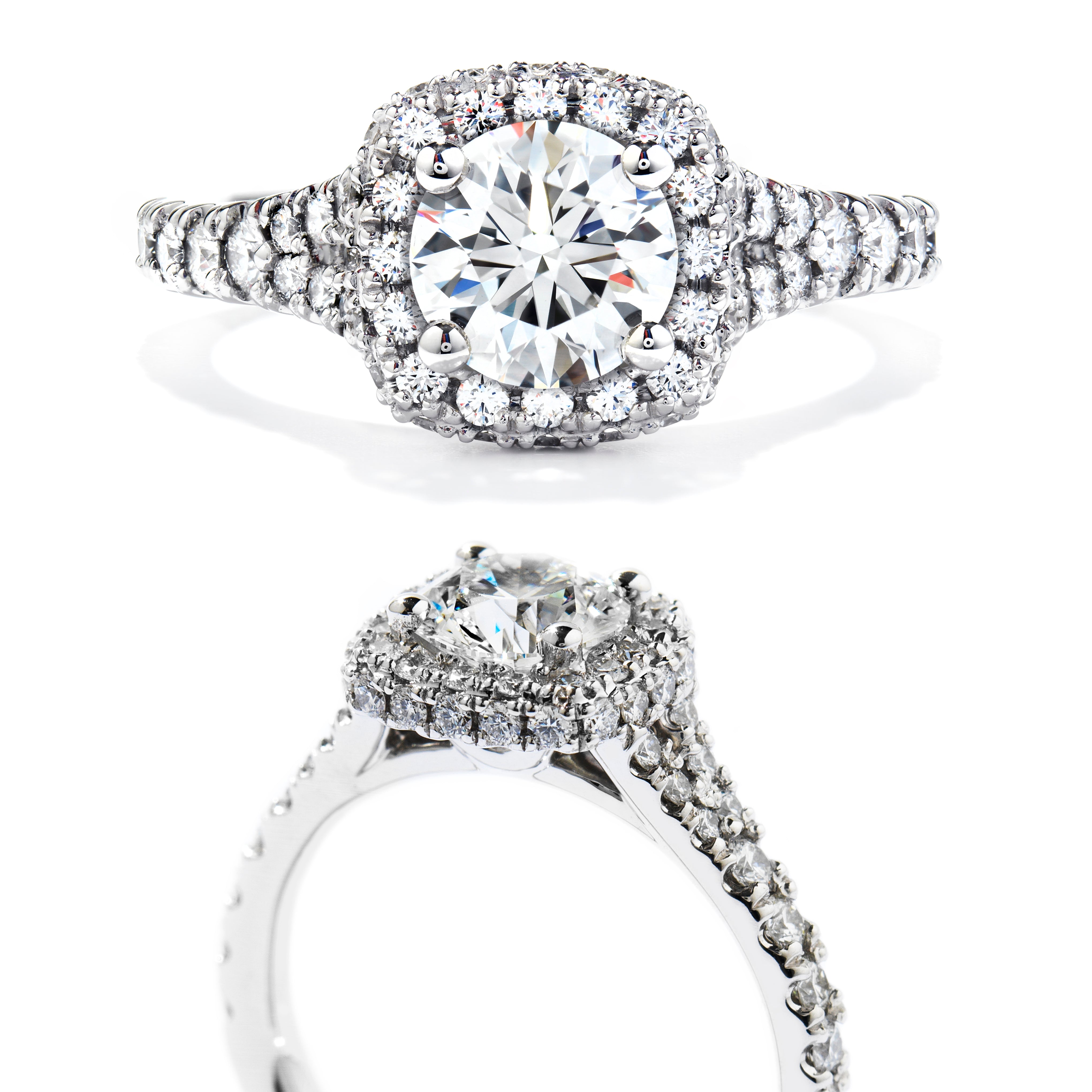 18ct White Gold Acclaim Round Brilliant Cut Diamond Cushion Halo Cluster Ring with Diamond Shoulders