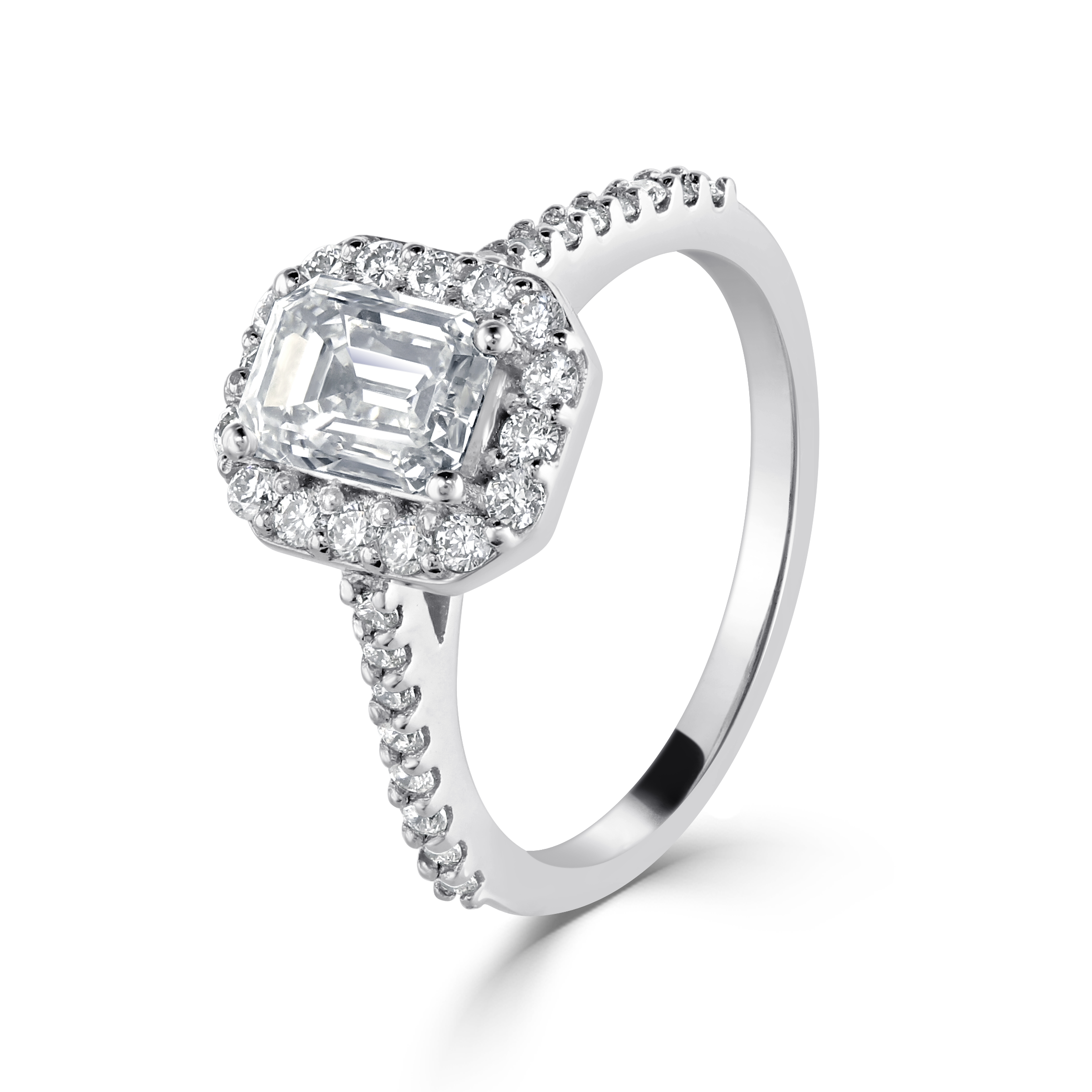 Platinum Emerald Cut Diamond Halo Cluster Ring with Diamond Shoulders