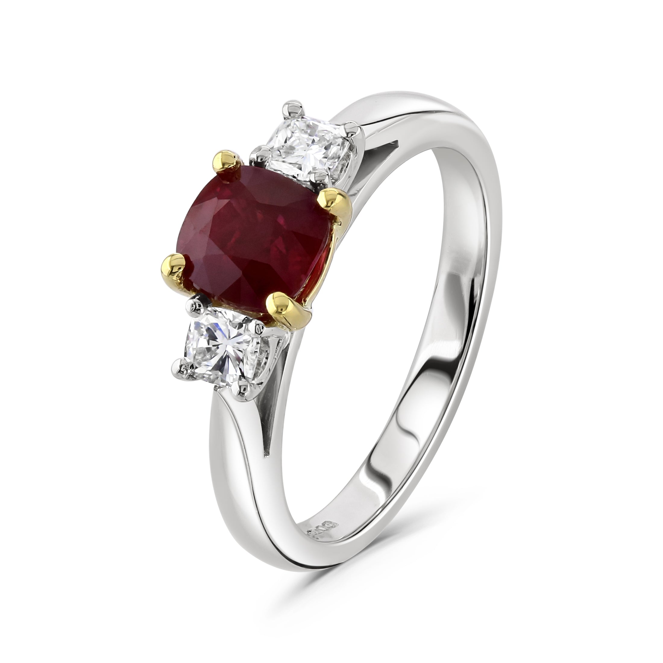 Platinum & 18ct Yellow Gold Cushion Cut Ruby & Round Brilliant Cut Diamond Trilogy Ring