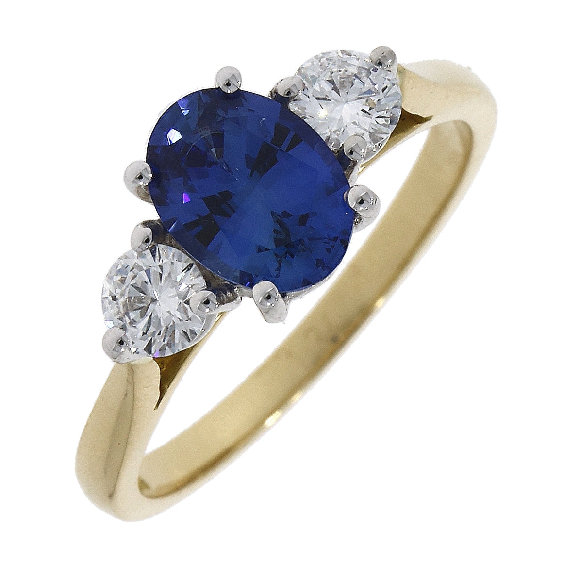 18ct Yellow Gold Oval Sapphire 2 Diamond Claw Set Ring