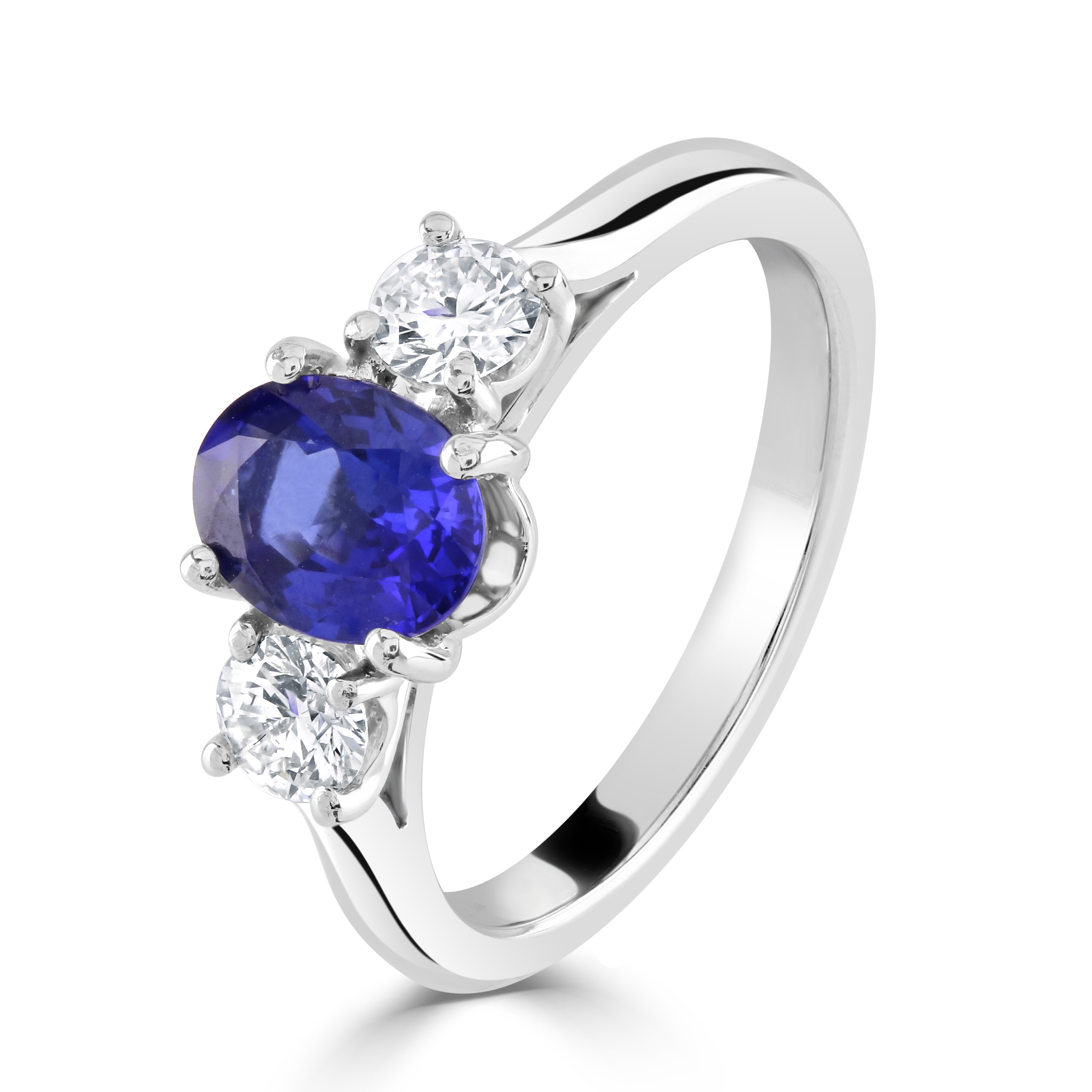 Platinum Oval Cut Sapphire & Round Brilliant Cut Diamond Trilogy Ring