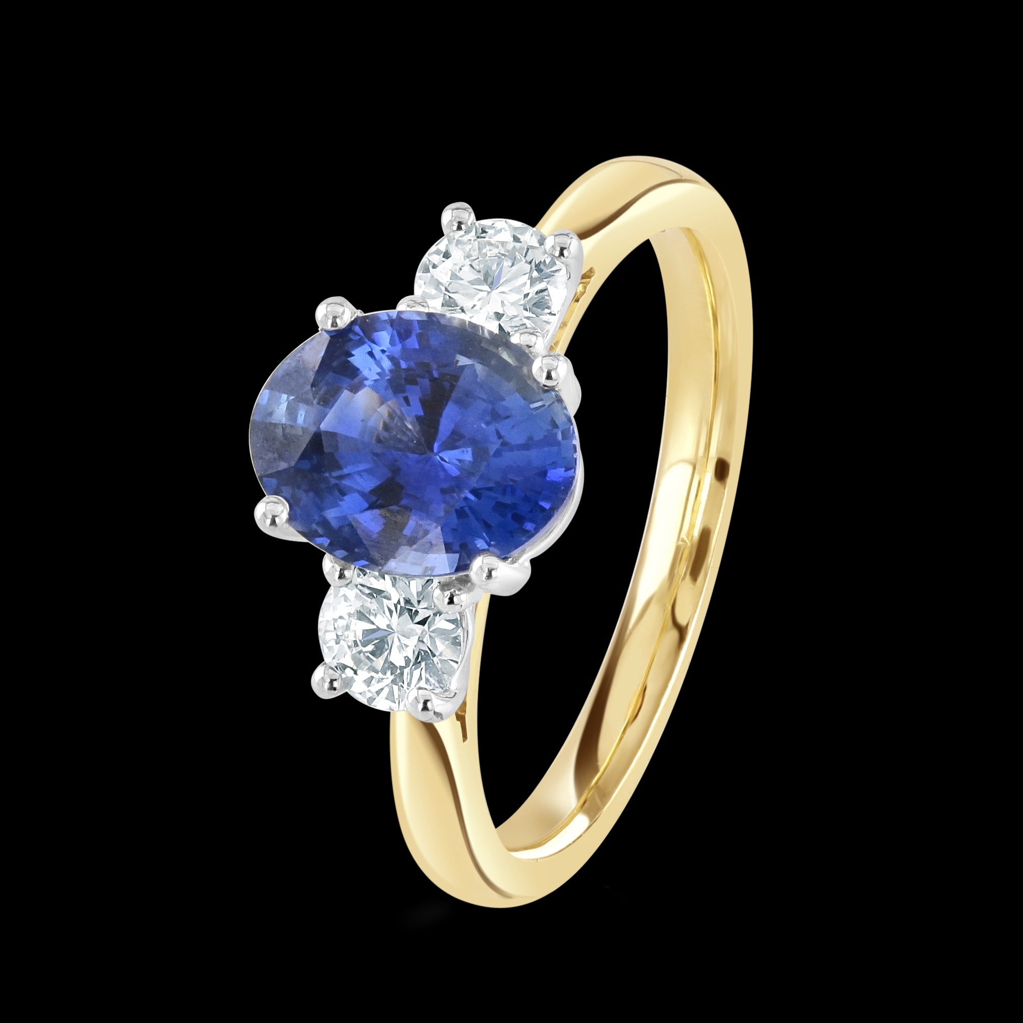 18ct Yellow Gold Oval Cut Sapphire & Round Brilliant Cut Diamond Trilogy Ring