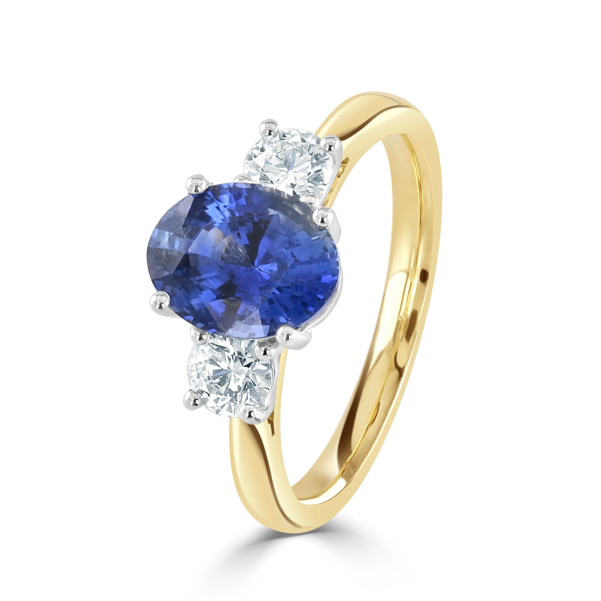18ct Yellow Gold Oval Cut Sapphire & Round Brilliant Cut Diamond Trilogy Ring