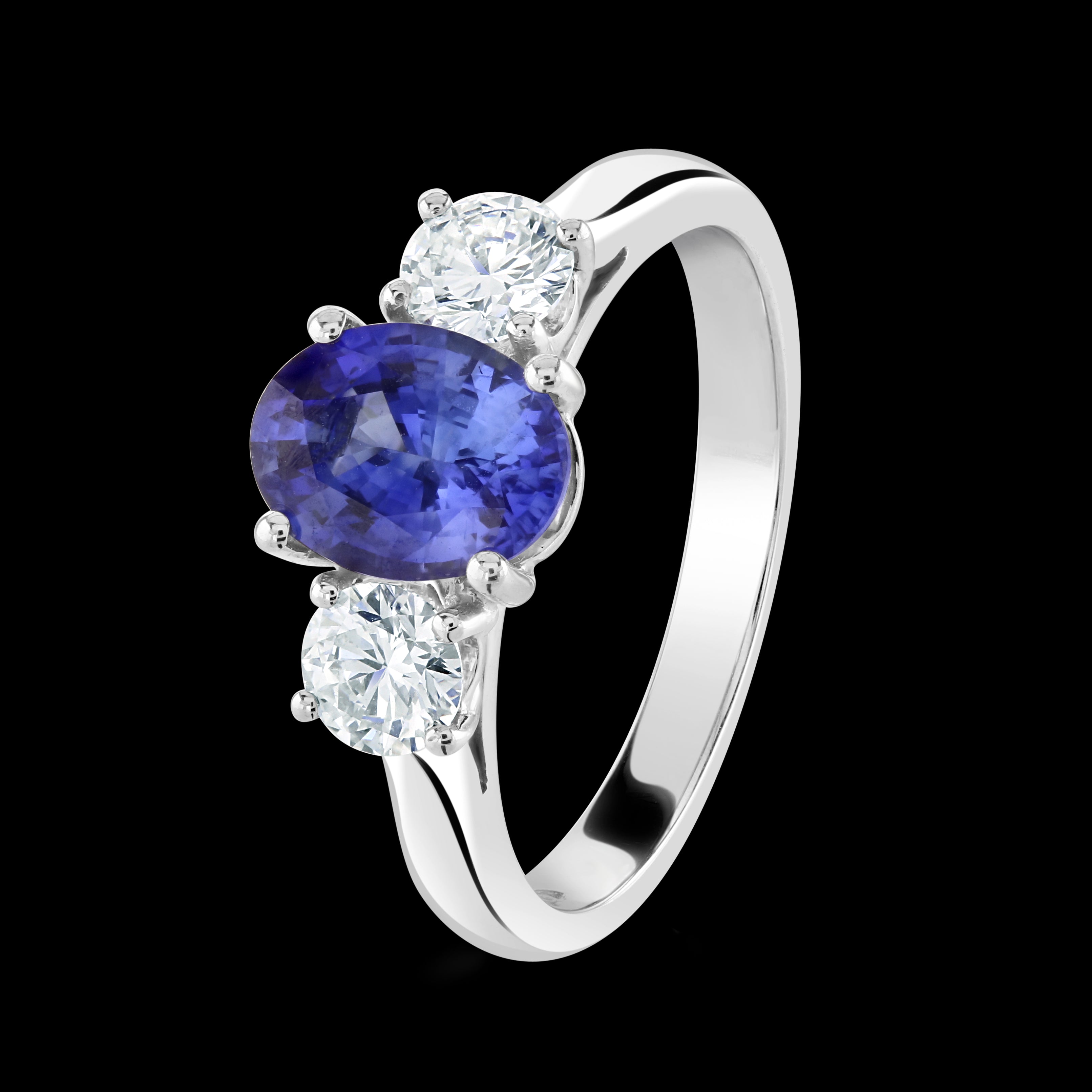 Platinum Oval Cut Sapphire & Round Brilliant Cut Diamond Trilogy Ring
