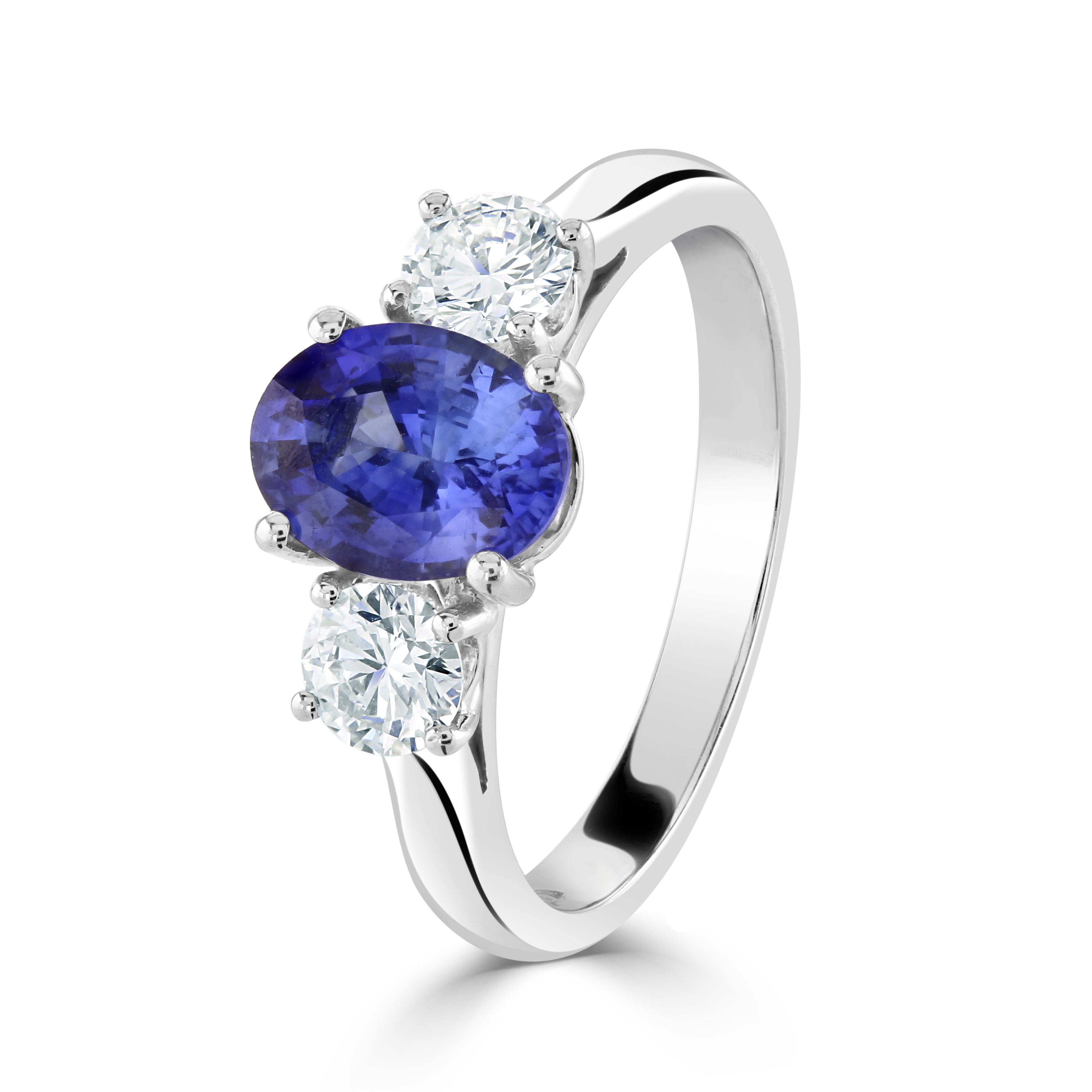 Platinum Oval Cut Sapphire & Round Brilliant Cut Diamond Trilogy Ring