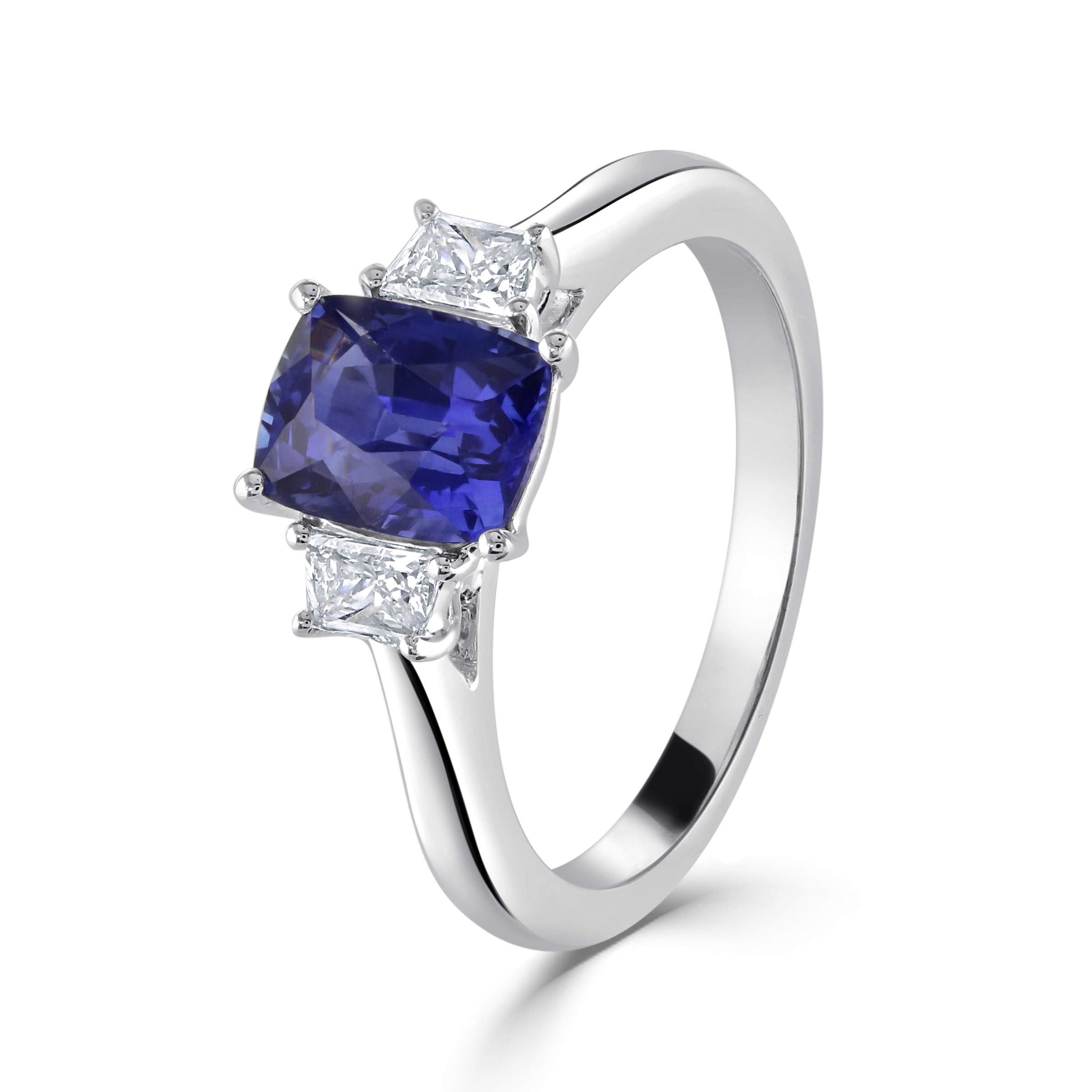 Platinum Cushion Cut Sapphire & Trapezoid Cut Diamond Trilogy Ring