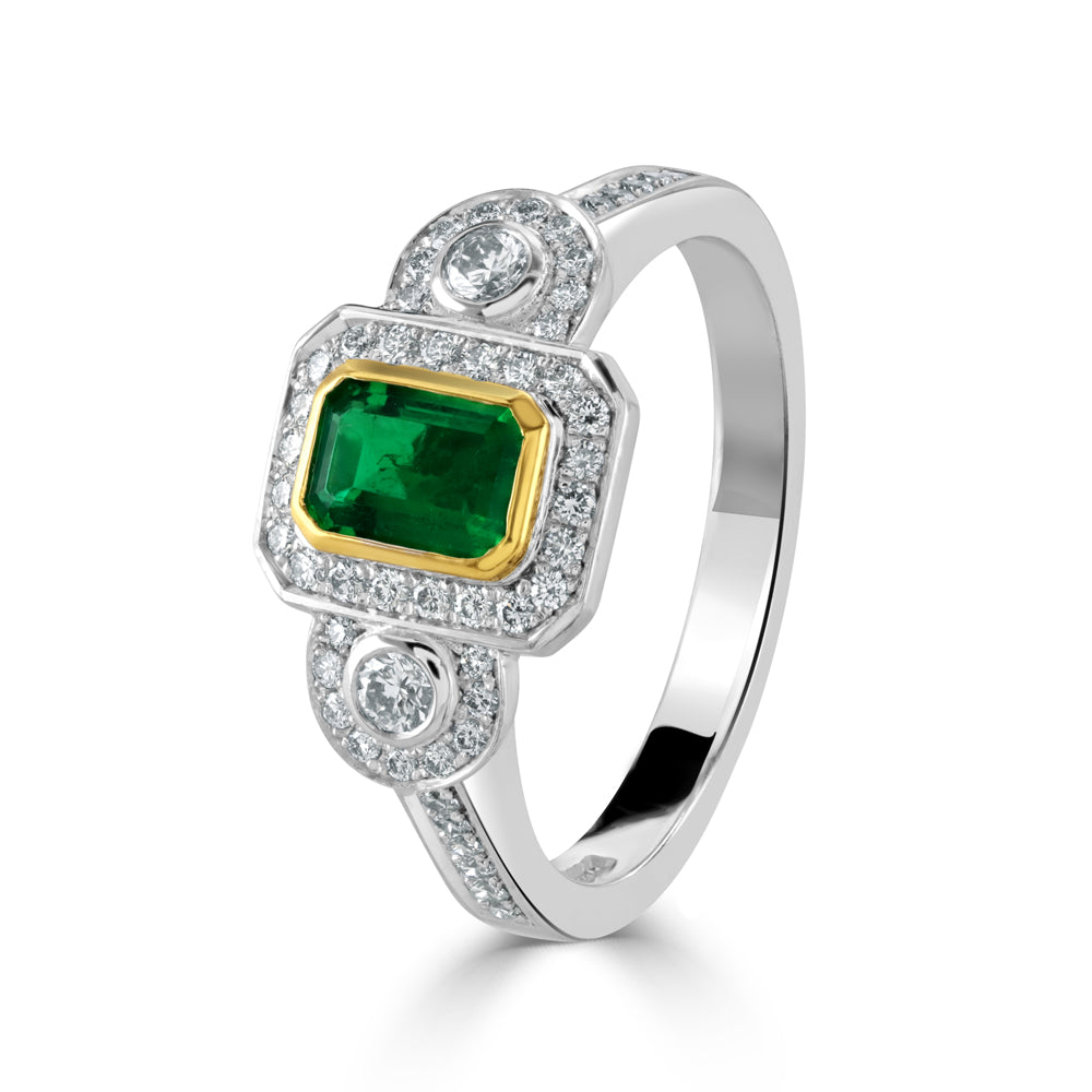 Platinum & 18ct Yellow Gold Emerald & Diamond Retro Vintage Ring