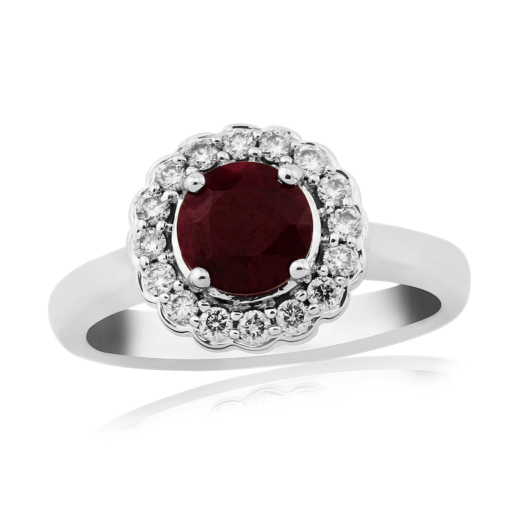 9ct White Gold Round Cut Ruby & Diamond Cluster Ring