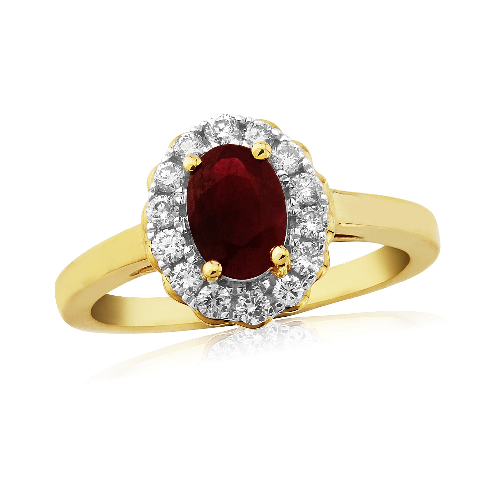 9ct Yellow Gold Oval Cut Ruby & Diamond Halo Cluster Ring