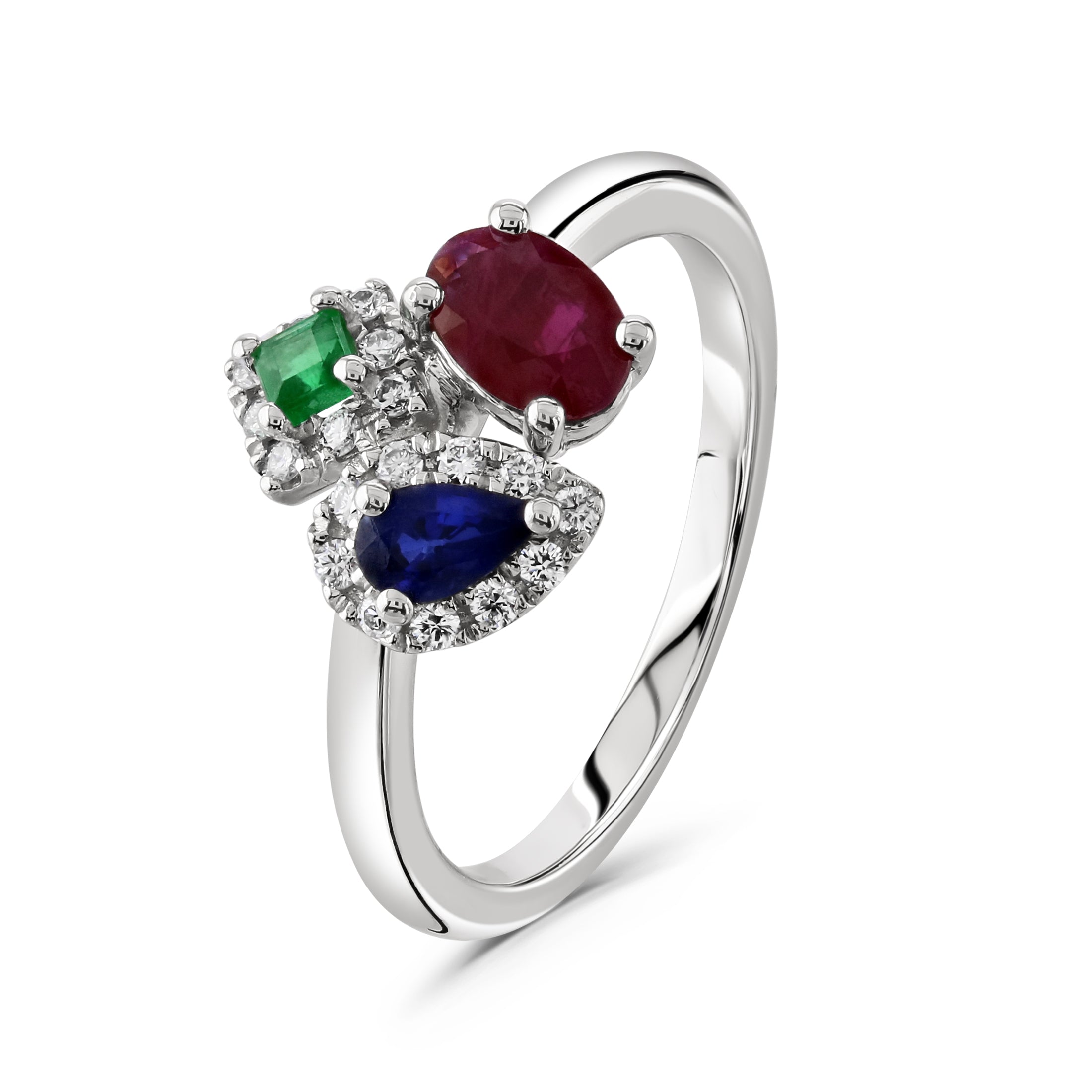 18ct White Gold Sapphire, Emerald and Ruby ring with Diamond surrounds