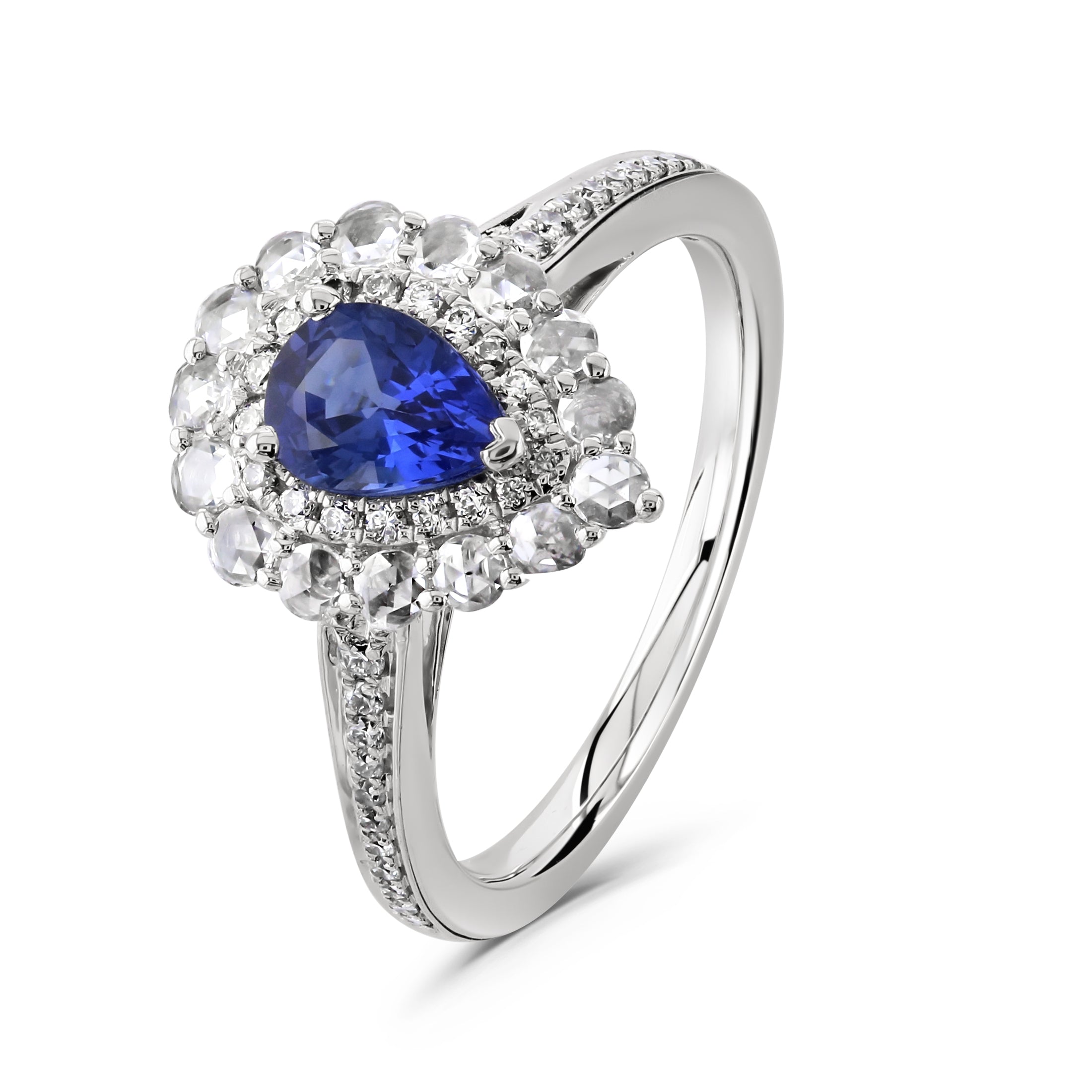 18ct White Gold Pear Cut Sapphire & Diamond Double Halo Cluster Ring with Diamond Shoulders