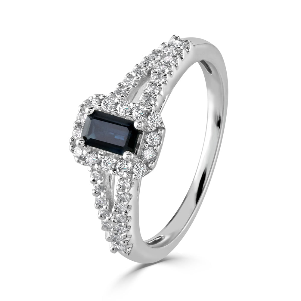9ct White Gold Emerald Cut Sapphire & Diamond Cluster Ring with Diamond Set Split Shoulders