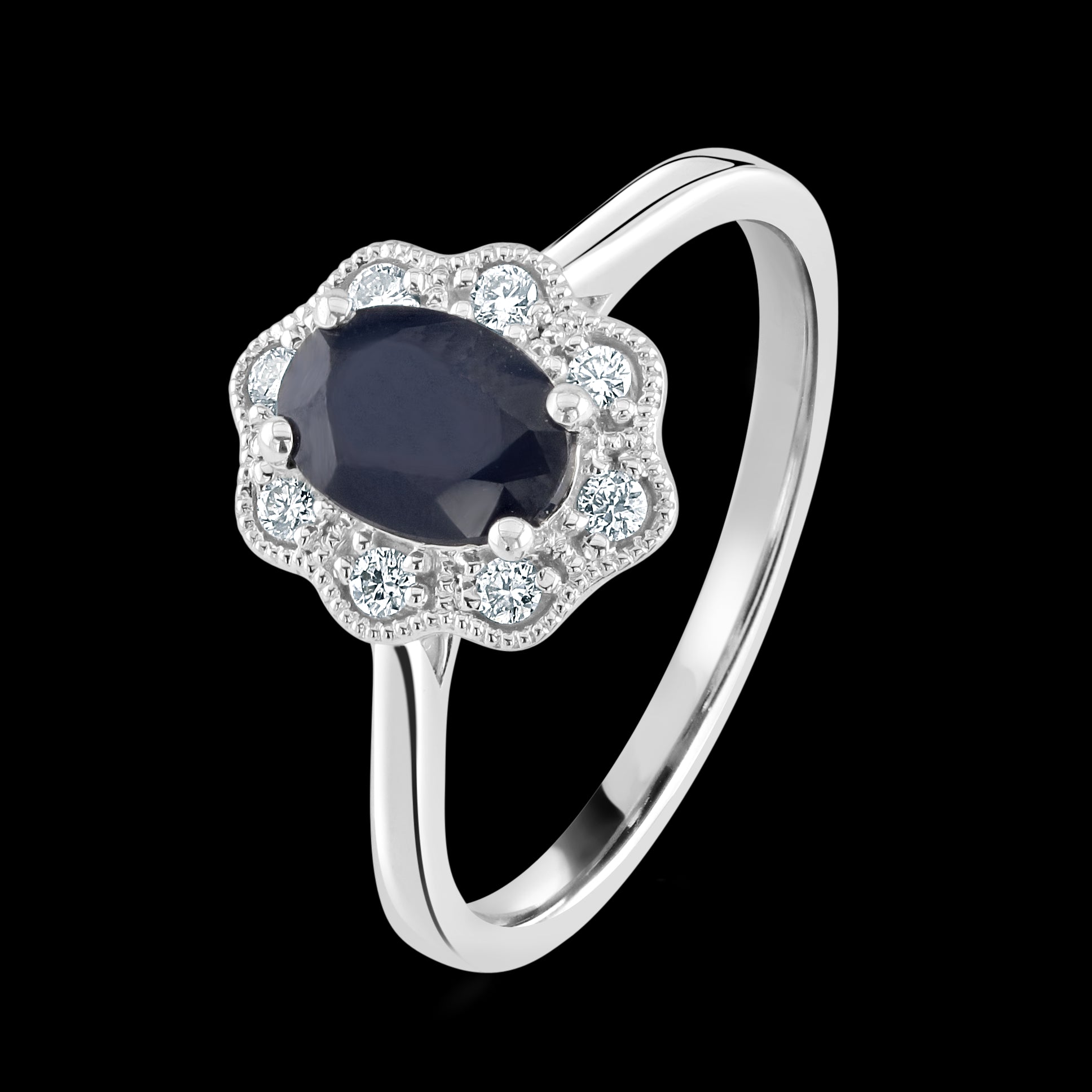 9ct White Gold Oval Cut Sapphire & Diamond Cluster Ring