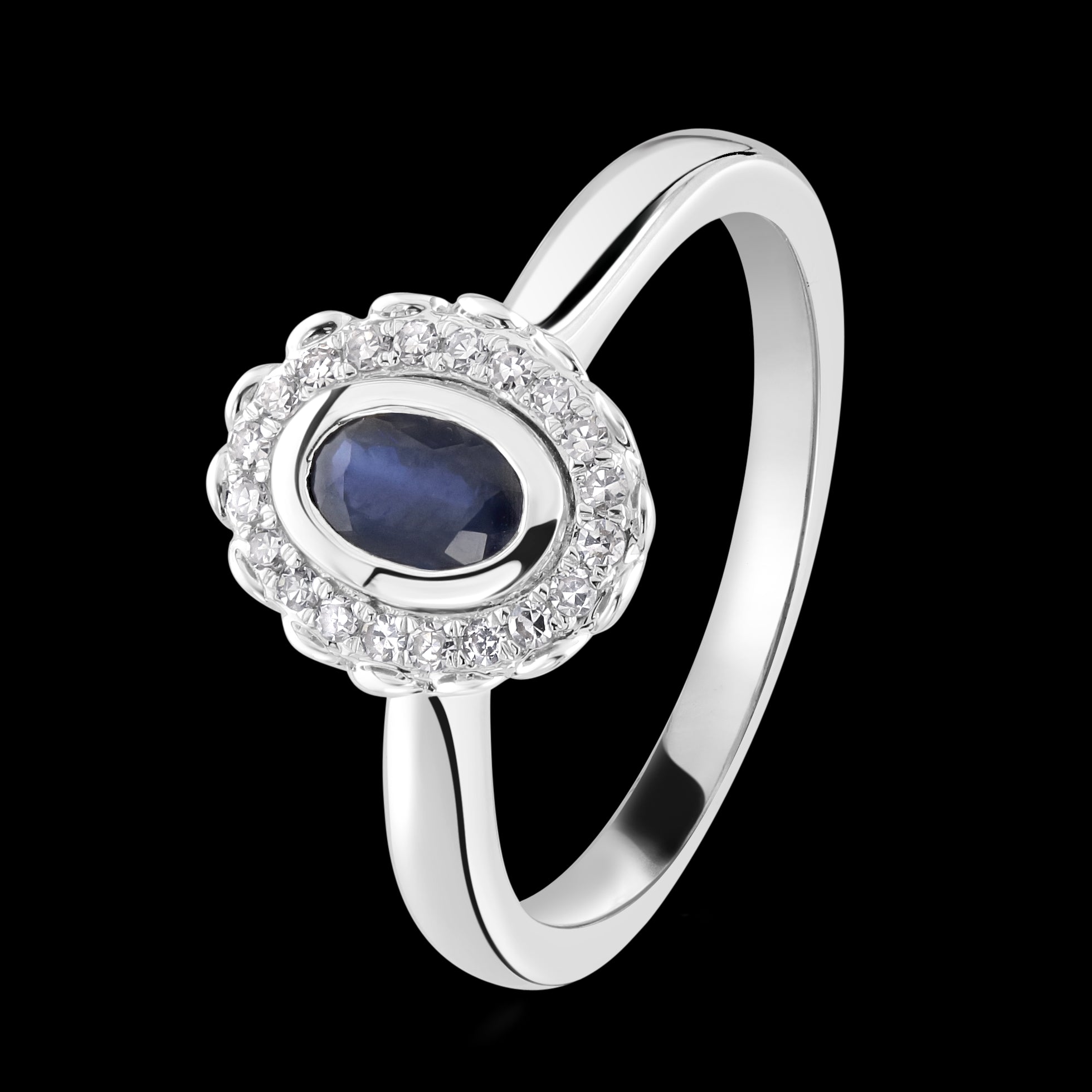 9ct White Gold Oval Cut Sapphire & Round Brilliant Cut Diamond Cluster Ring