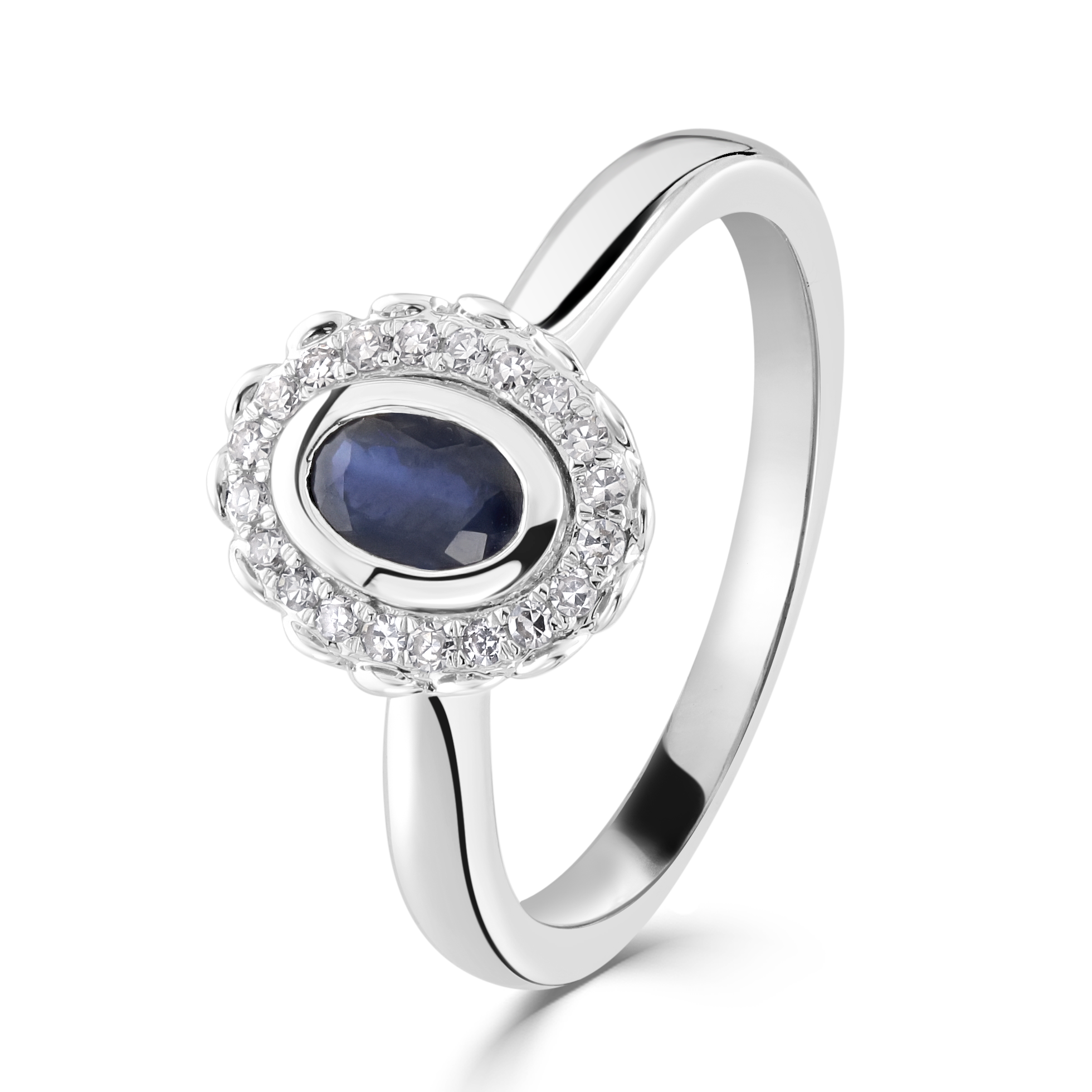 9ct White Gold Oval Cut Sapphire & Round Brilliant Cut Diamond Cluster Ring