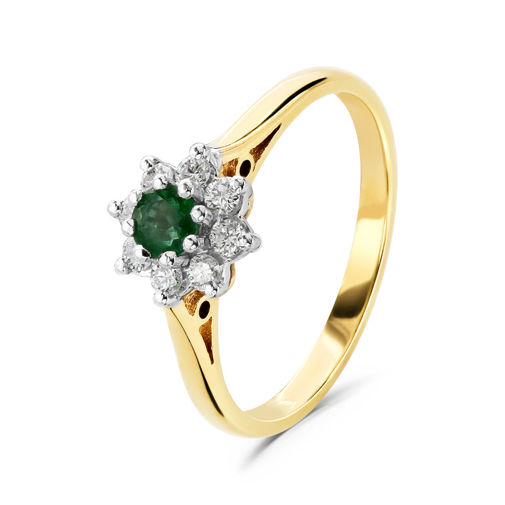 18ct Yellow Gold Round Cut Emerald & Diamond Cluster Ring