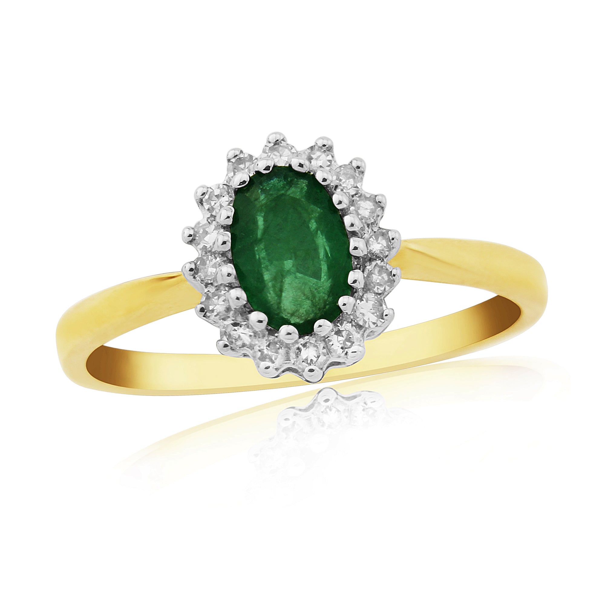 9ct Yellow Gold Oval Cut Emerald & Diamond Cluster Ring