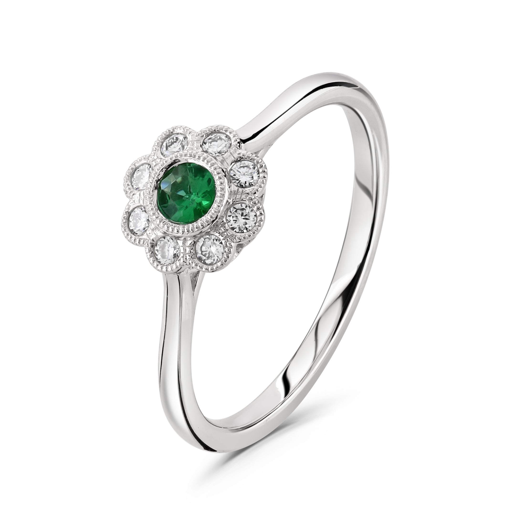 18ct White Gold Round Cut Emerald & Diamond Millegrain Edged Cluster Ring