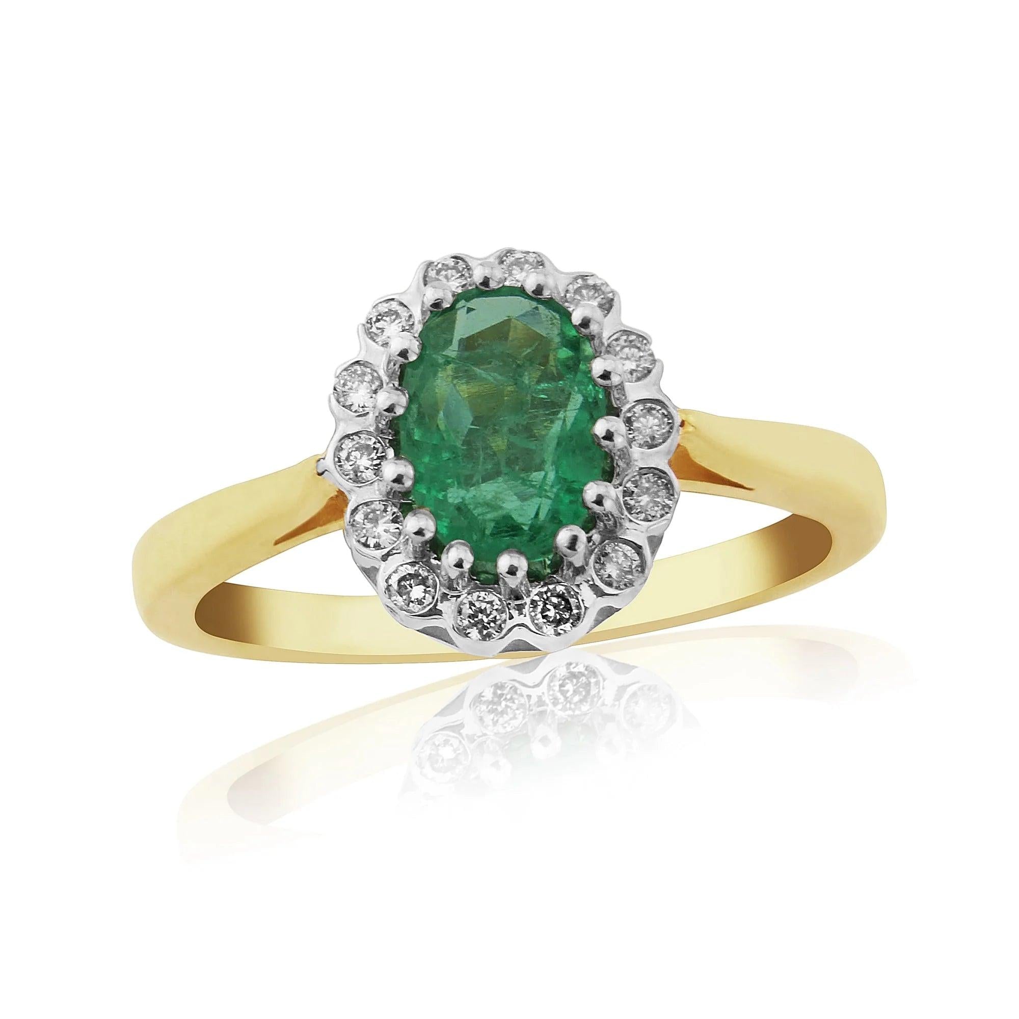 9ct Yellow Gold Oval Cut Emerald & Diamond Cluster Ring