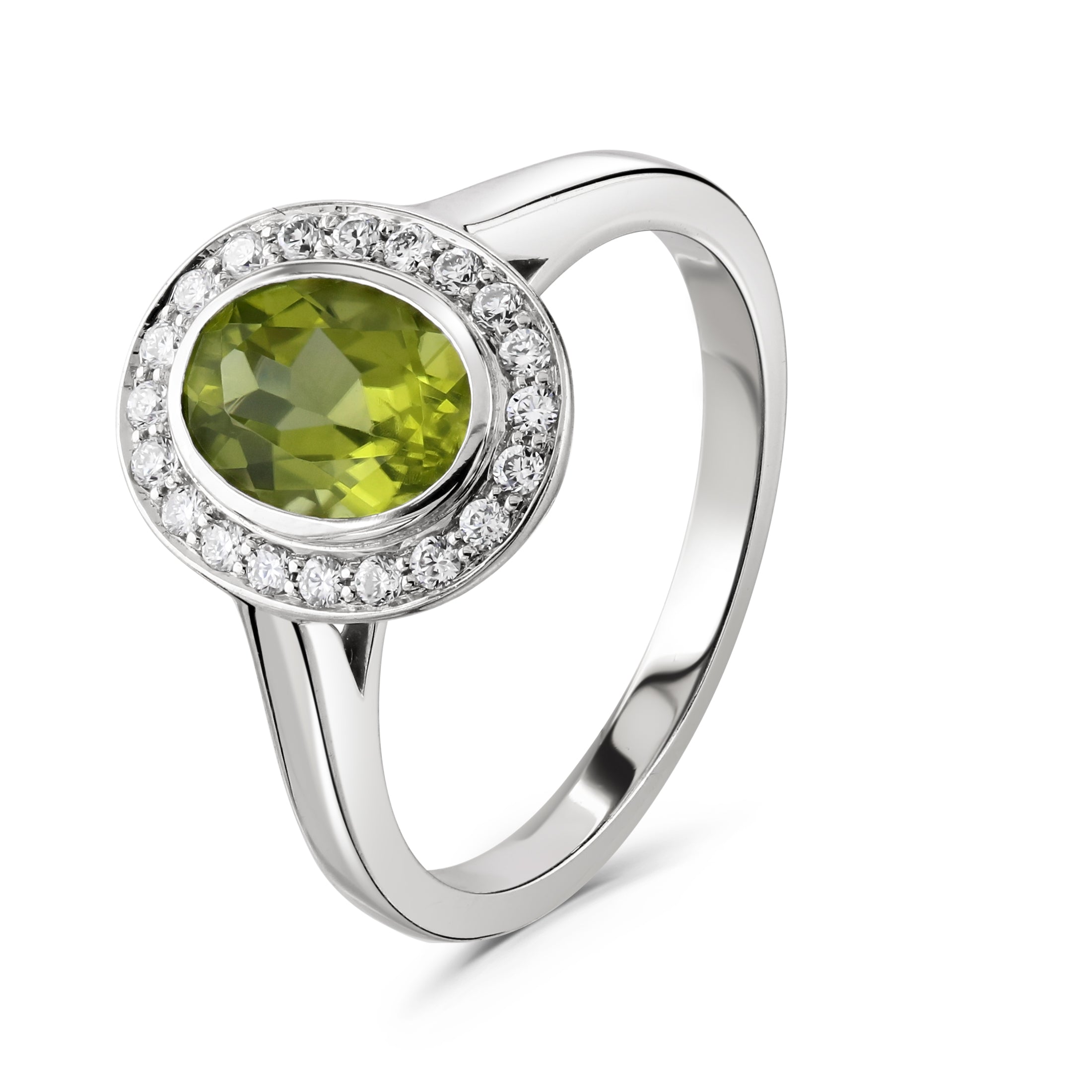 18ct White Gold Oval Cut Peridot & Diamond Halo Cluster Ring