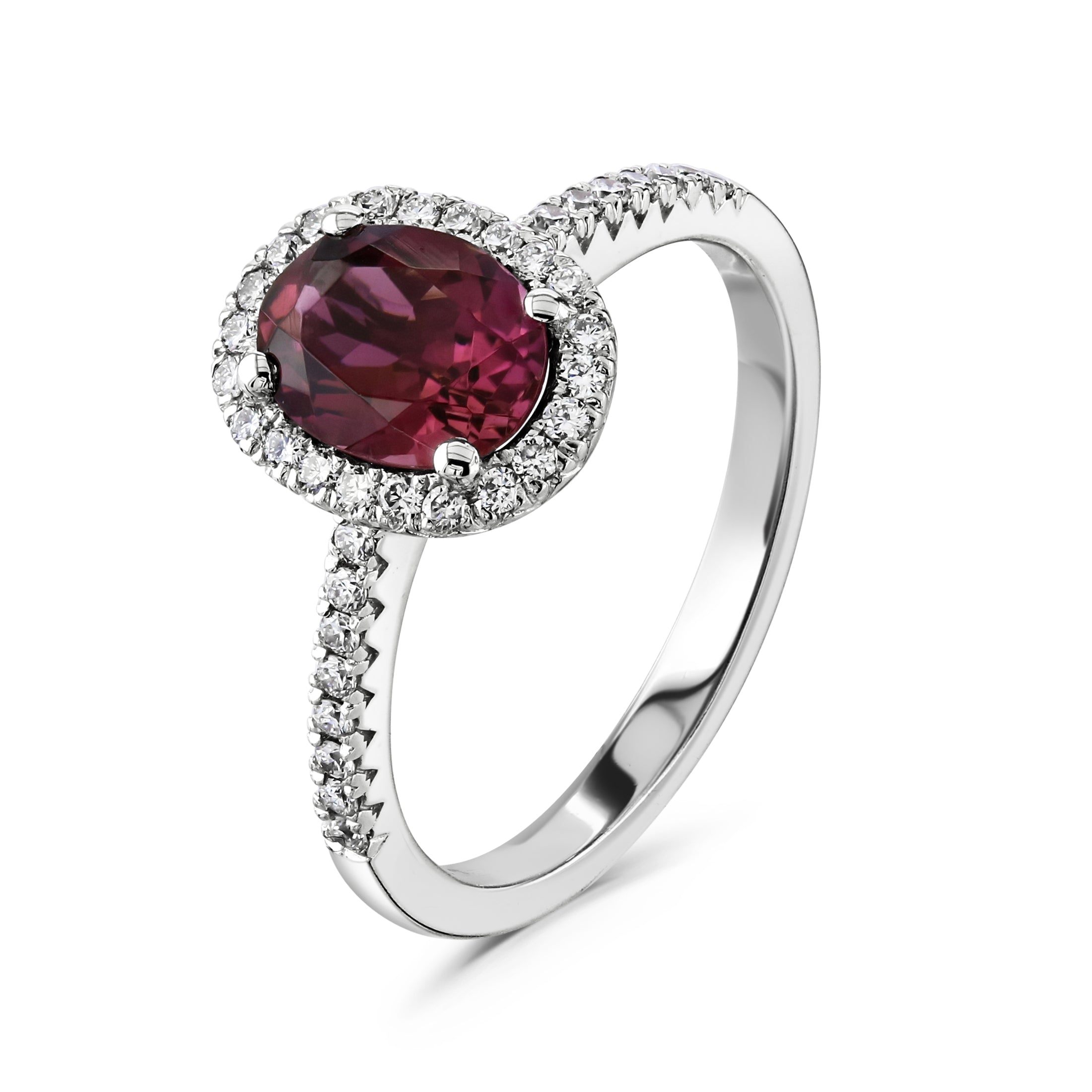 18ct White Gold Oval Cut Pink Tourmaline & Diamond Halo Cluster Ring with Diamond Shoulders