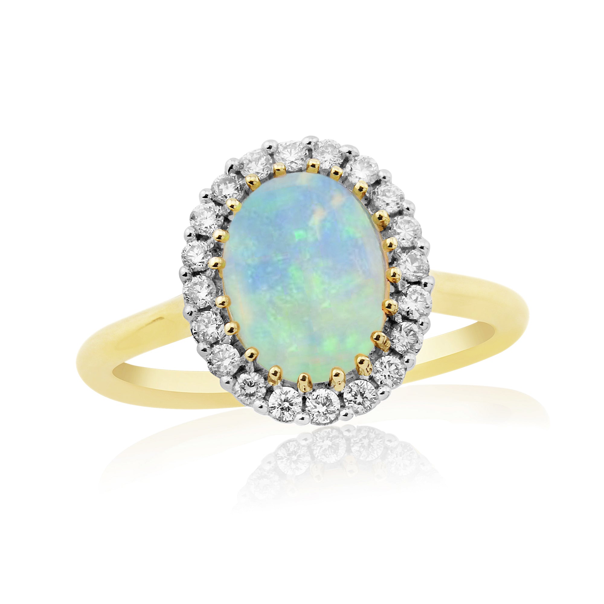 9ct Yellow Gold Oval Cut Opal & Diamond Halo Cluster Ring
