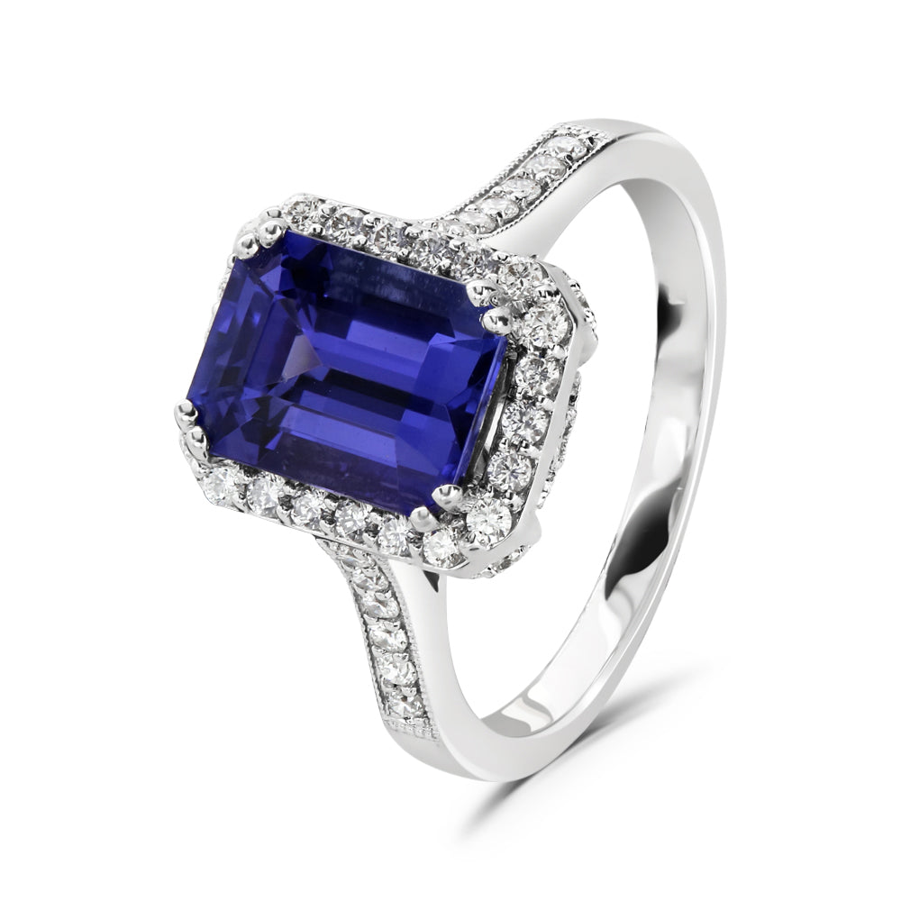 18ct White Gold Octangonal Cut Tanzanite & Diamond Halo Cluster Ring with Diamond Shoulders