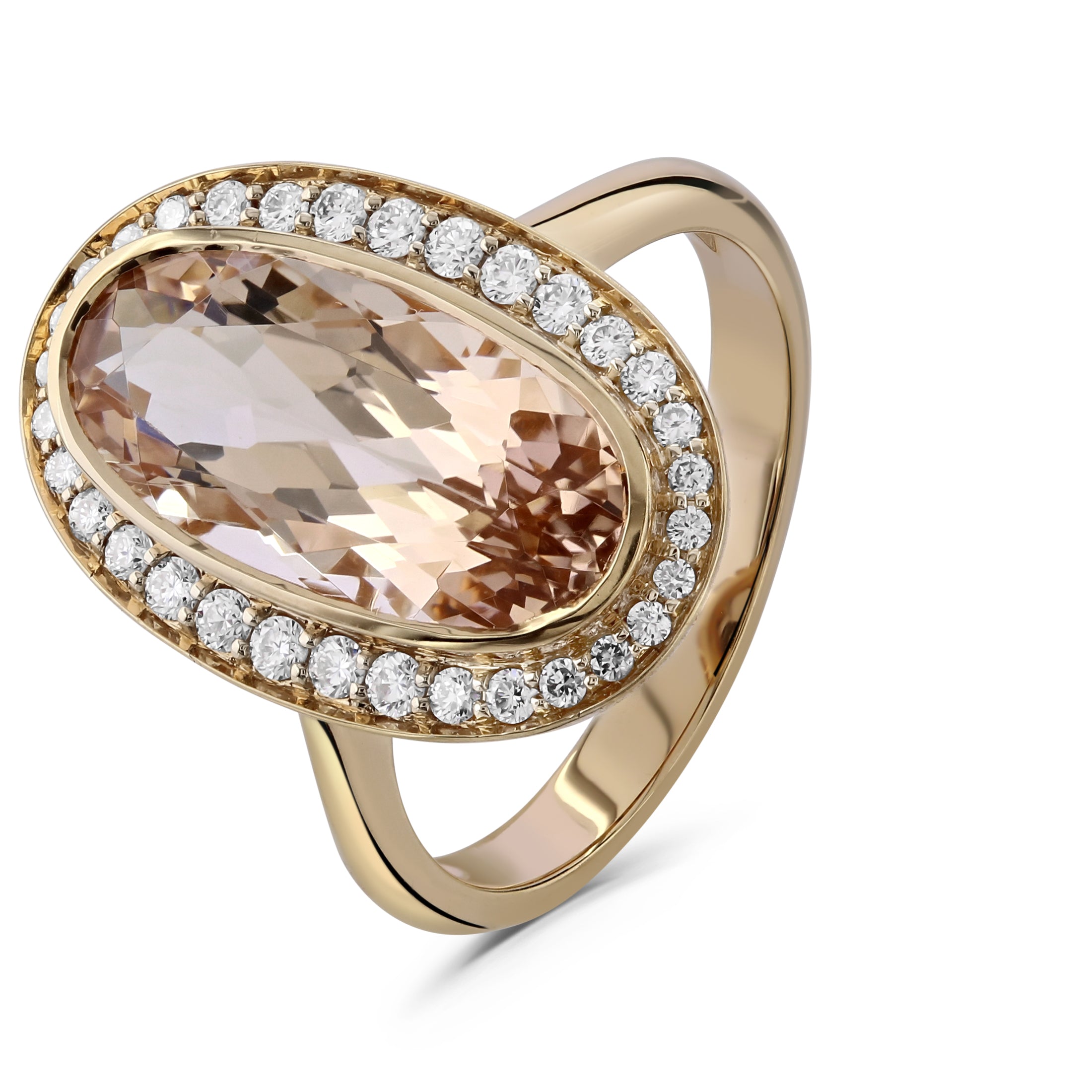 18ct Rose Gold Oval Cut Morganite & Diamond Halo Cluster Ring