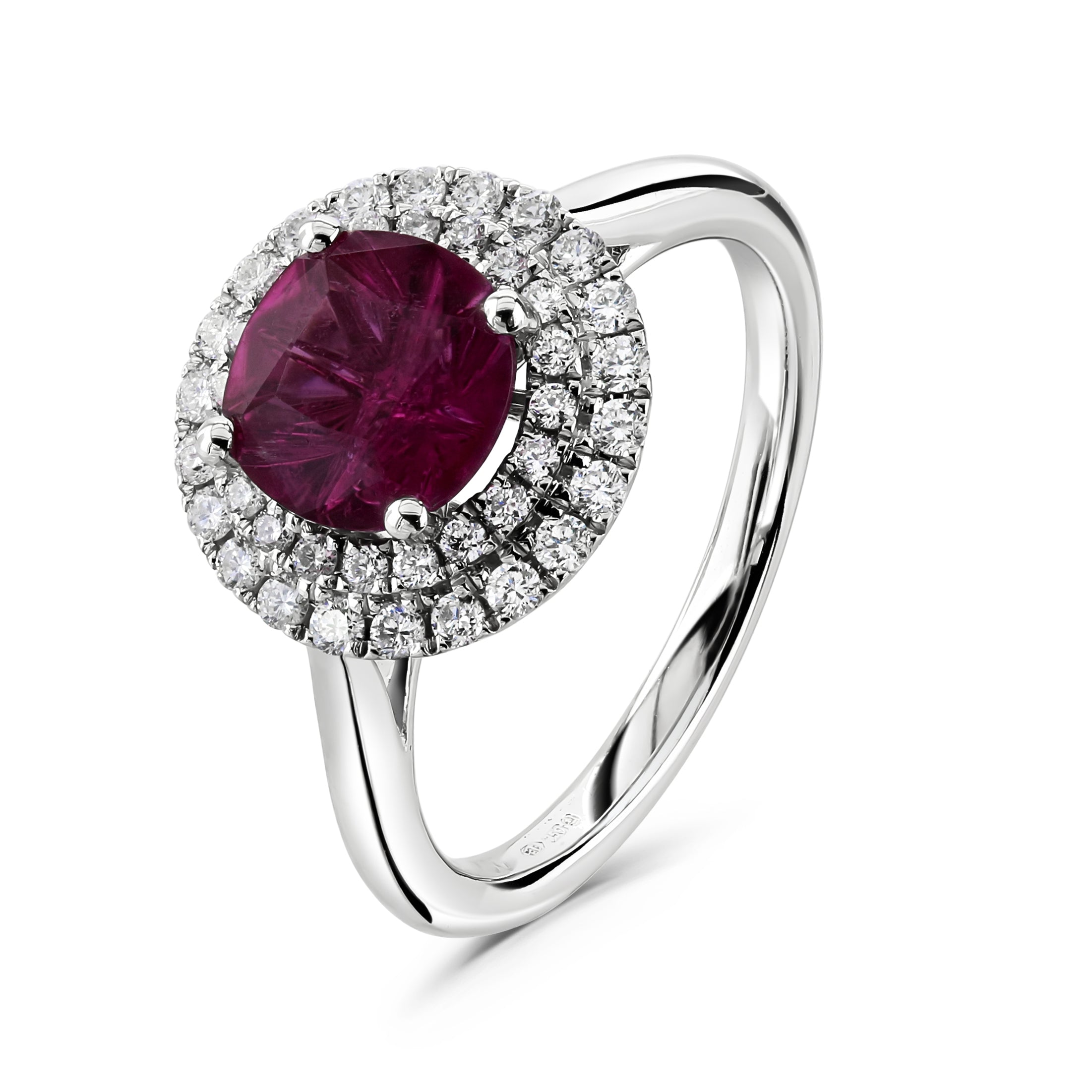 18ct White Gold Round Cut Rubellite & 2-Row Diamond Halo Cluster Ring