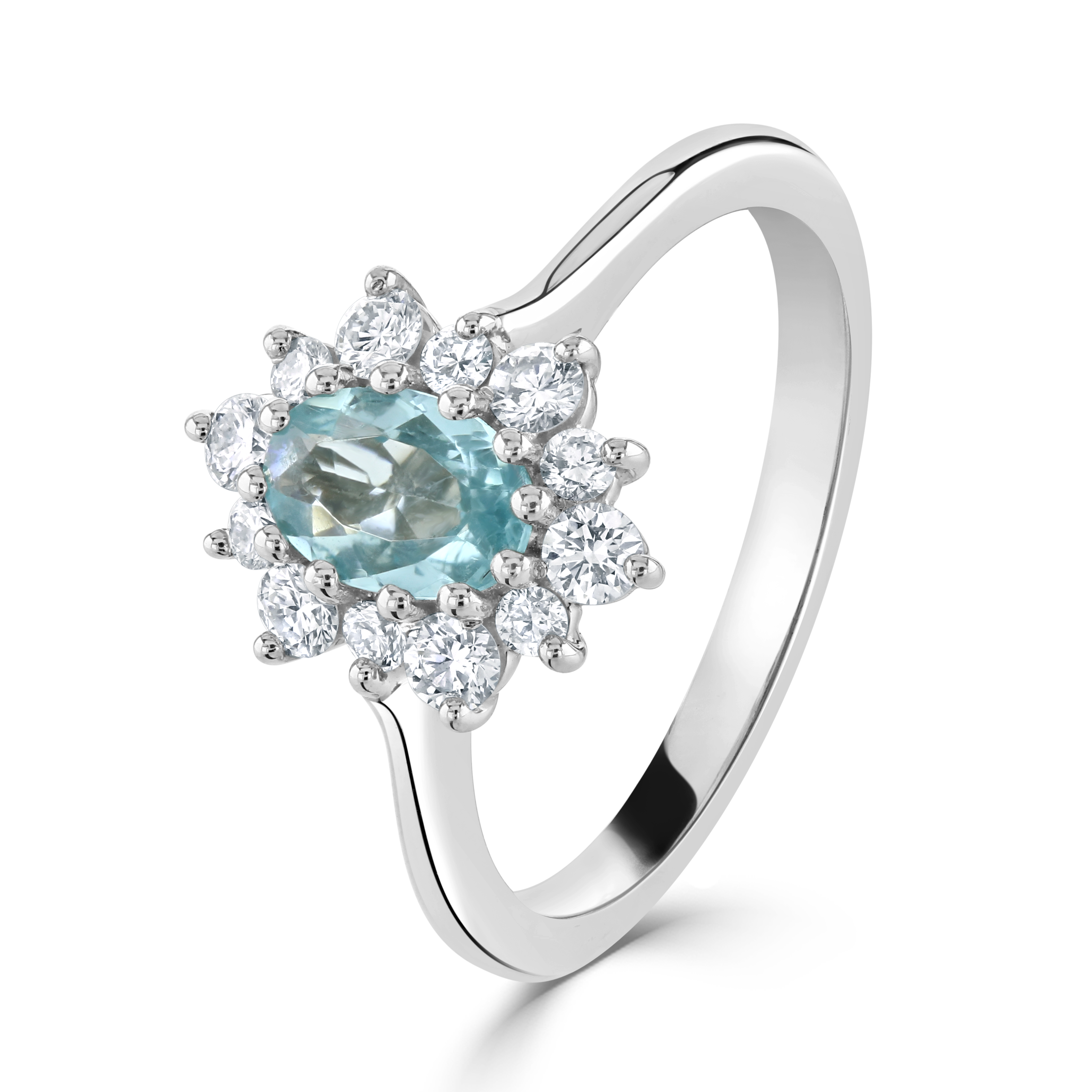 Platinum Oval Cut Paraiba Tourmaline & Round Brilliant Cut Diamond Cluster Ring
