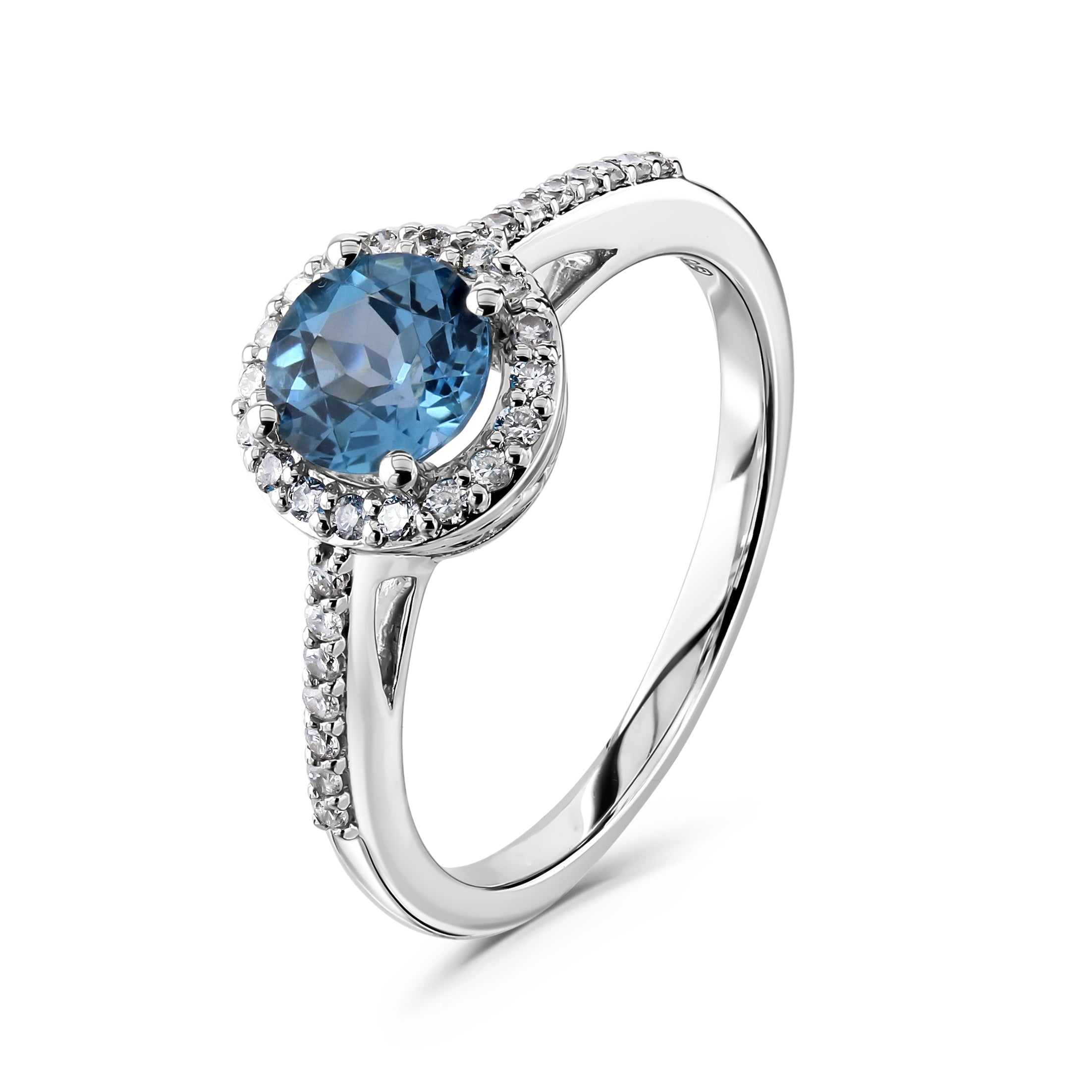 9ct White Gold Round Cut Blue Topaz & Diamond Halo Cluster Ring with Diamond Shoulders