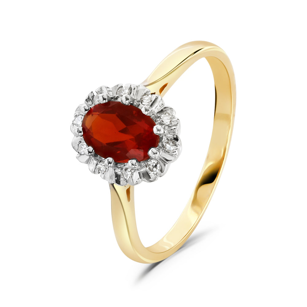 18ct Yellow Gold Oval Cut Fire Opal & Diamond Claw Set Cluster Ring