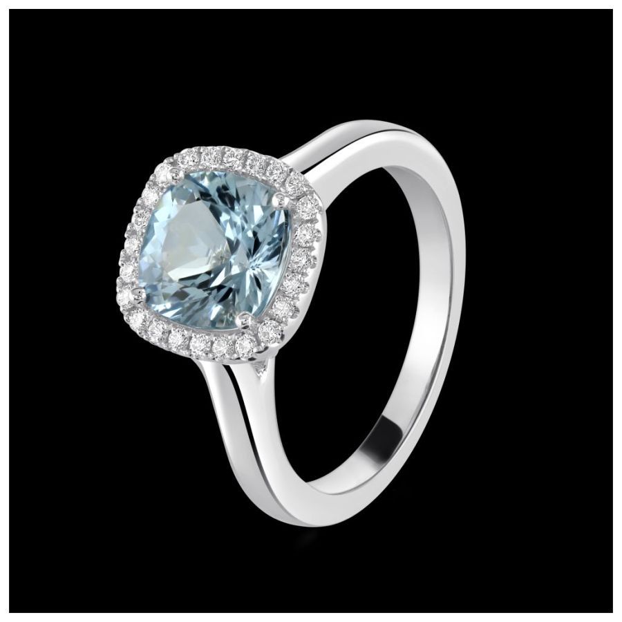 18ct White Gold Cushion Cut Aquamarine and Diamond Halo Cluster Ring