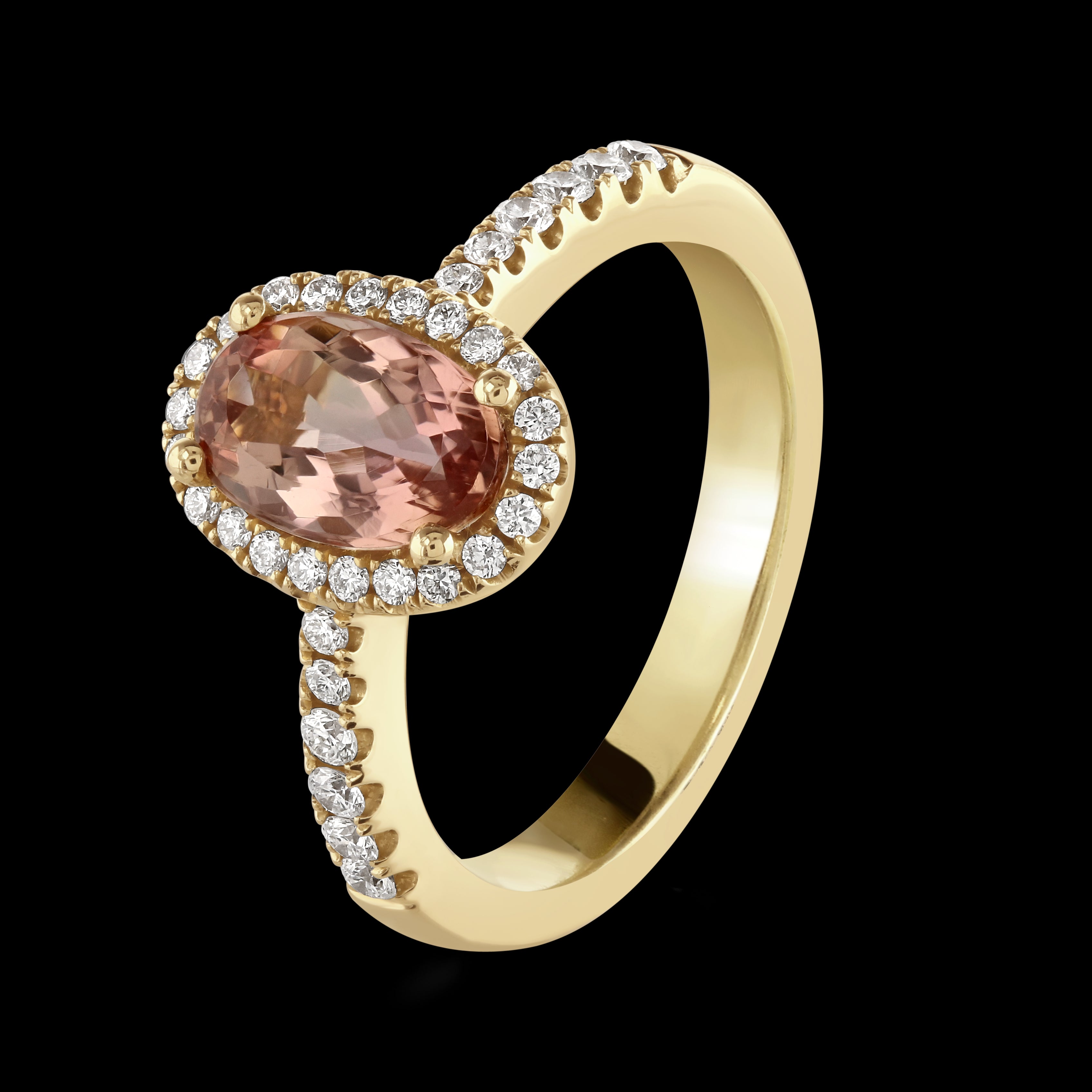 18ct Rose Gold Oval Cut Imperial Topaz & Diamond Halo Cluster Ring with Diamond Shoulders