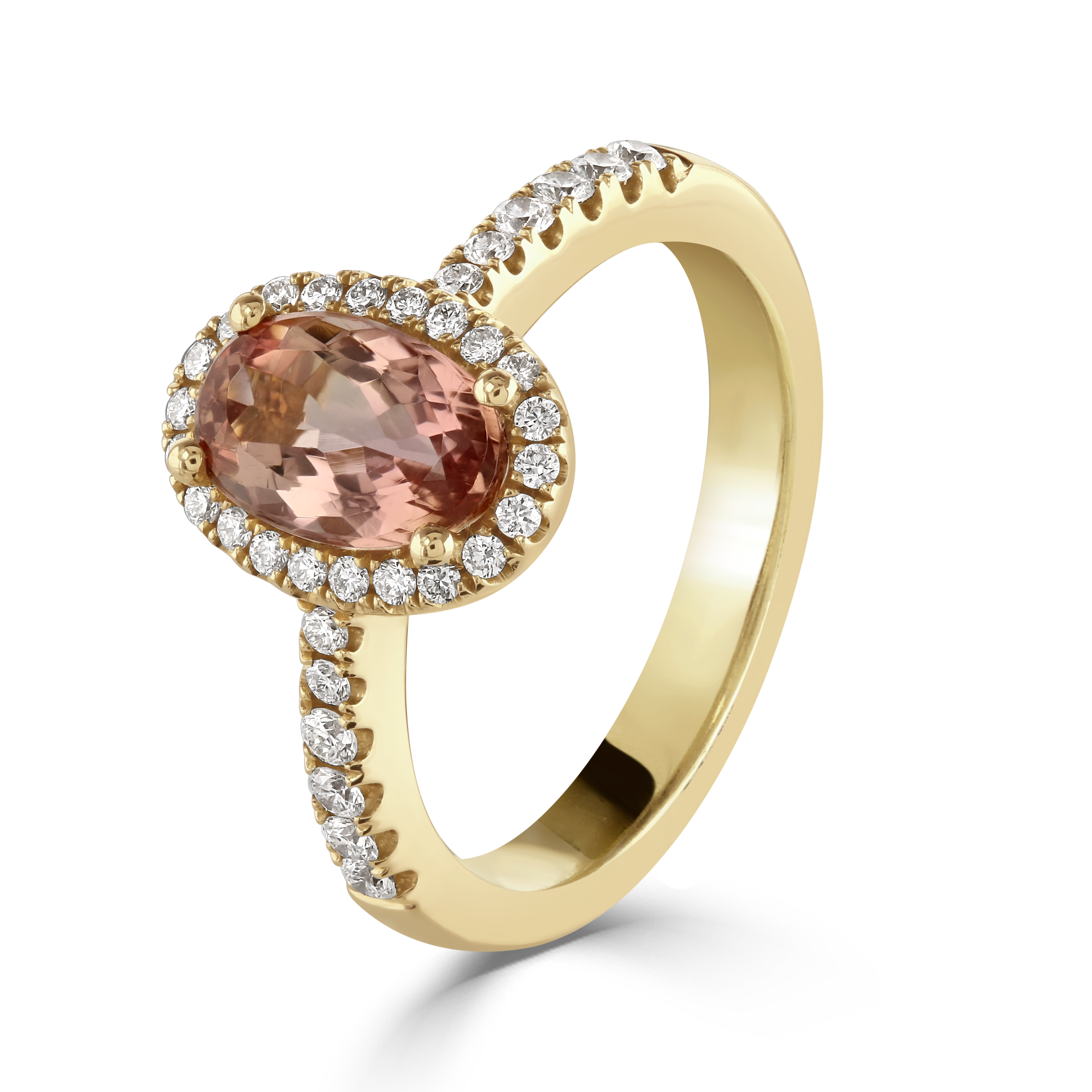 18ct Rose Gold Oval Cut Imperial Topaz & Diamond Halo Cluster Ring with Diamond Shoulders