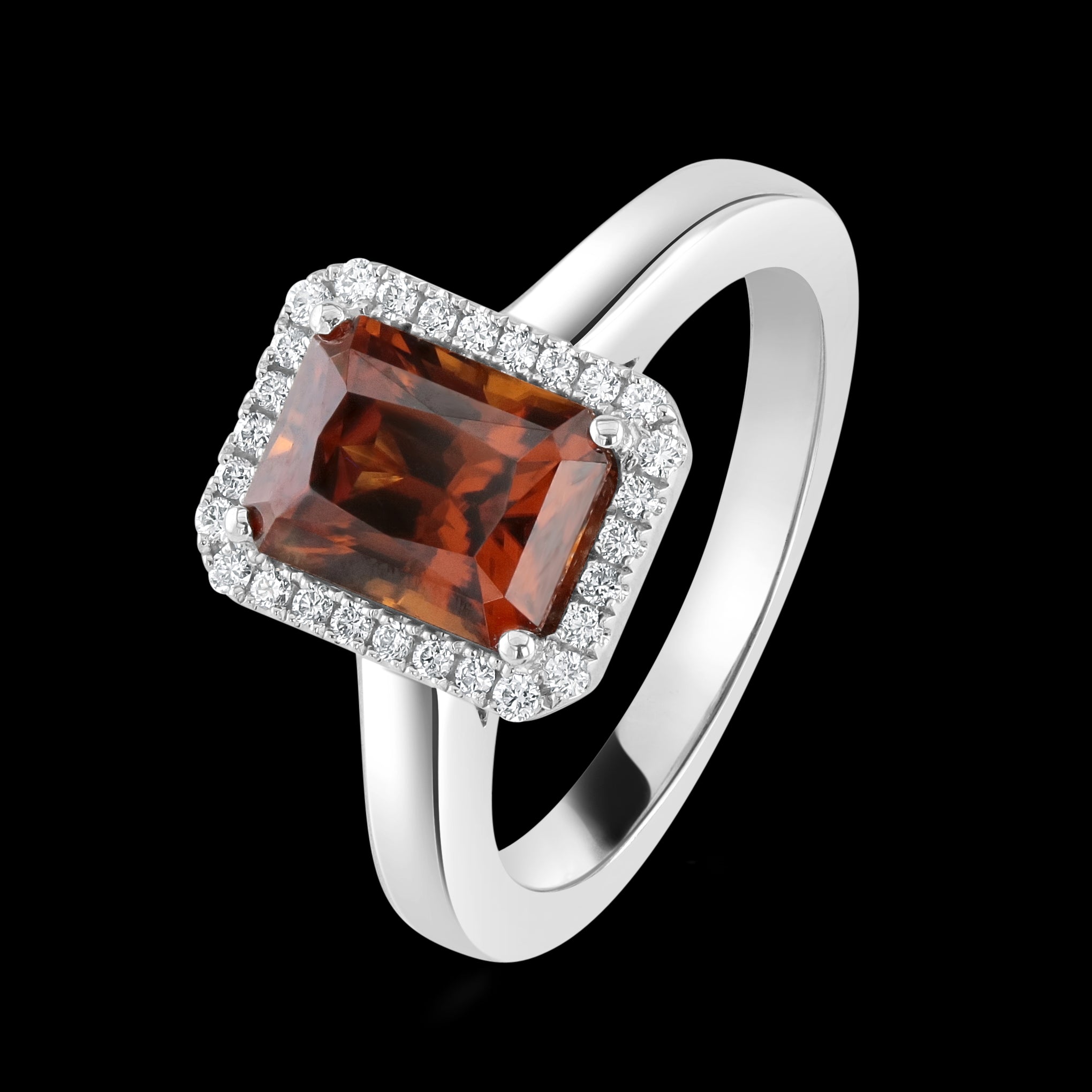 18ct White Gold Octangonal Cut Orange Zircon & Diamond Halo Cluster Ring